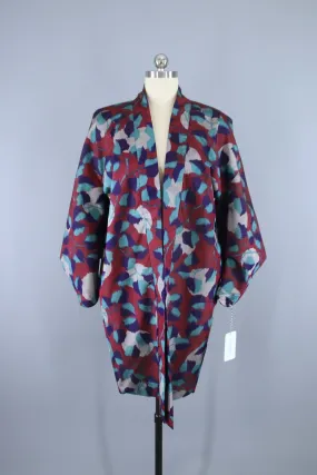 1930s Vintage Haori Kimono Jacket / Dark Red & Blue Ikat