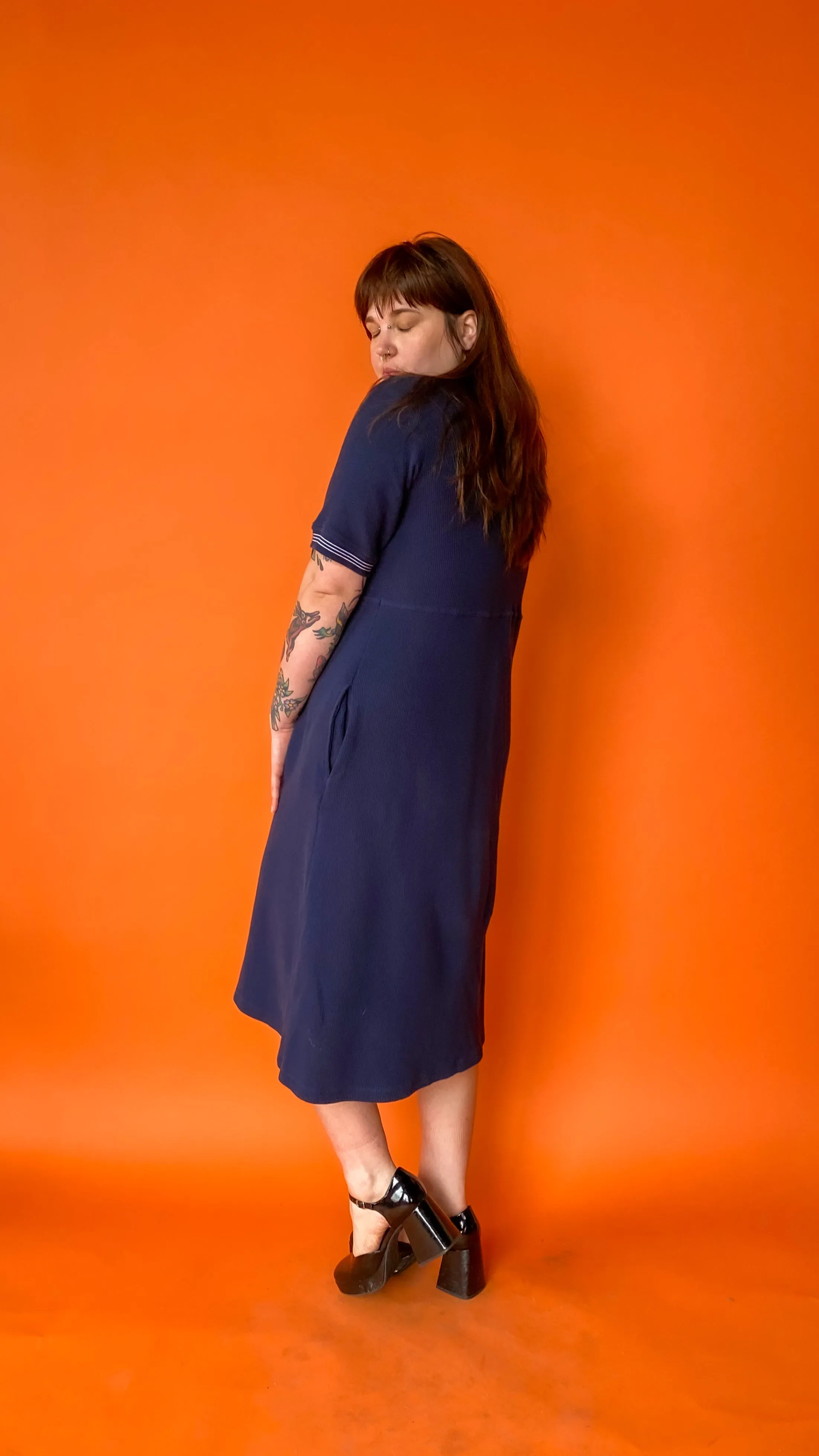 1990s Navy Waffle Knit Button-Down Dress, sz. L-2XL