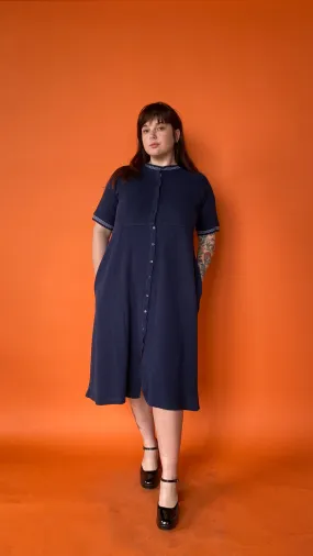 1990s Navy Waffle Knit Button-Down Dress, sz. L-2XL