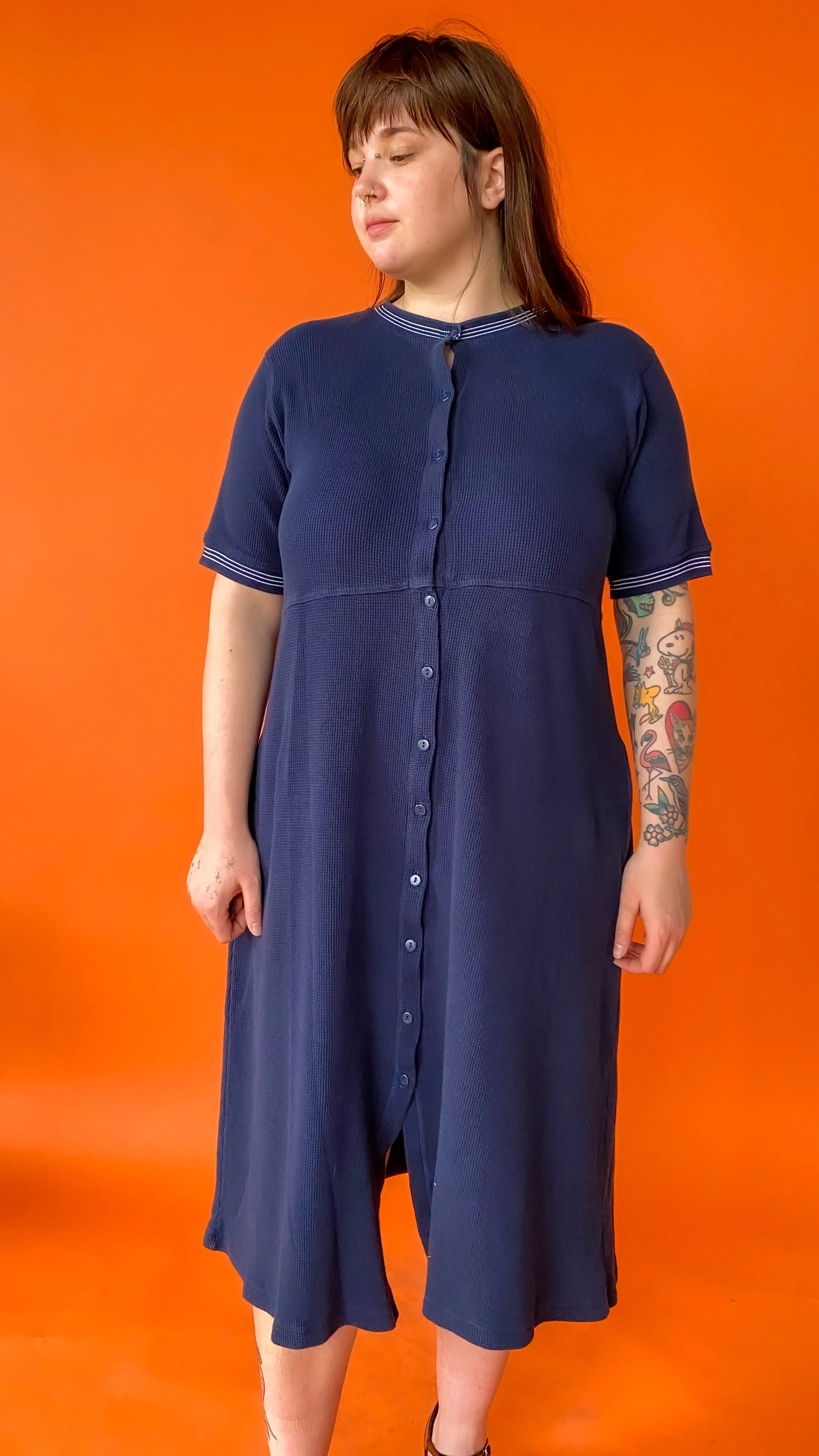 1990s Navy Waffle Knit Button-Down Dress, sz. L-2XL