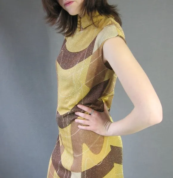 60s Mod Gold Metallic Dress Vintage Op Art Modest Small Mason Edwards VFG