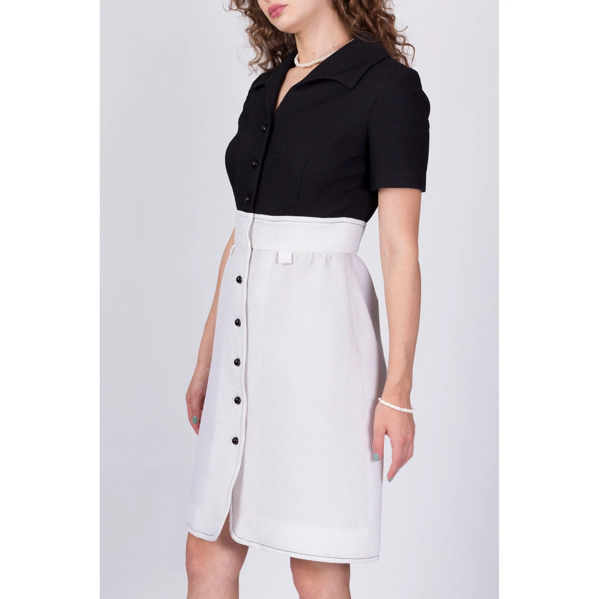 70s Fred Rothschild Black & White Waffle Textured Dress - Medium
