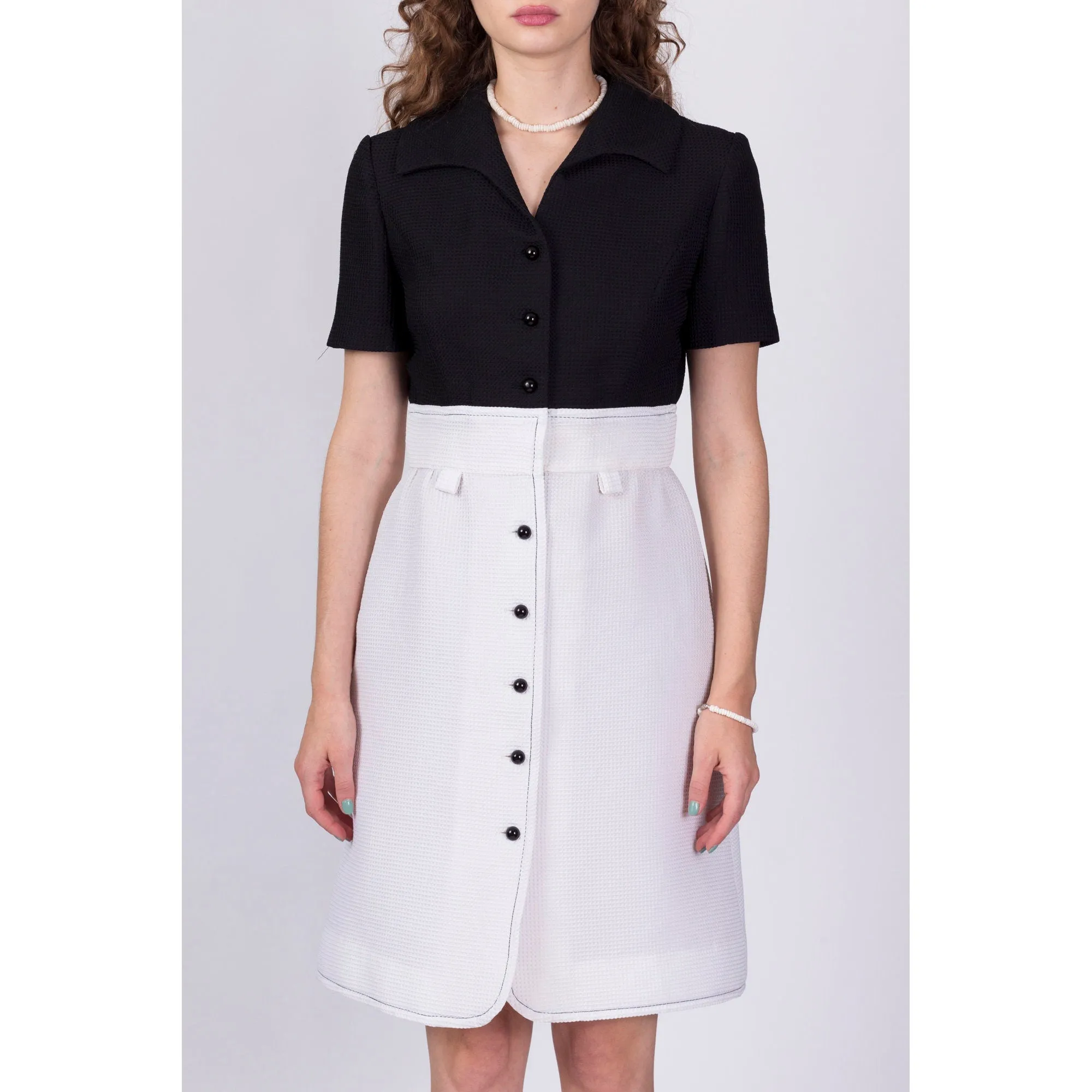 70s Fred Rothschild Black & White Waffle Textured Dress - Medium