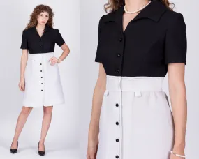 70s Fred Rothschild Black & White Waffle Textured Dress - Medium