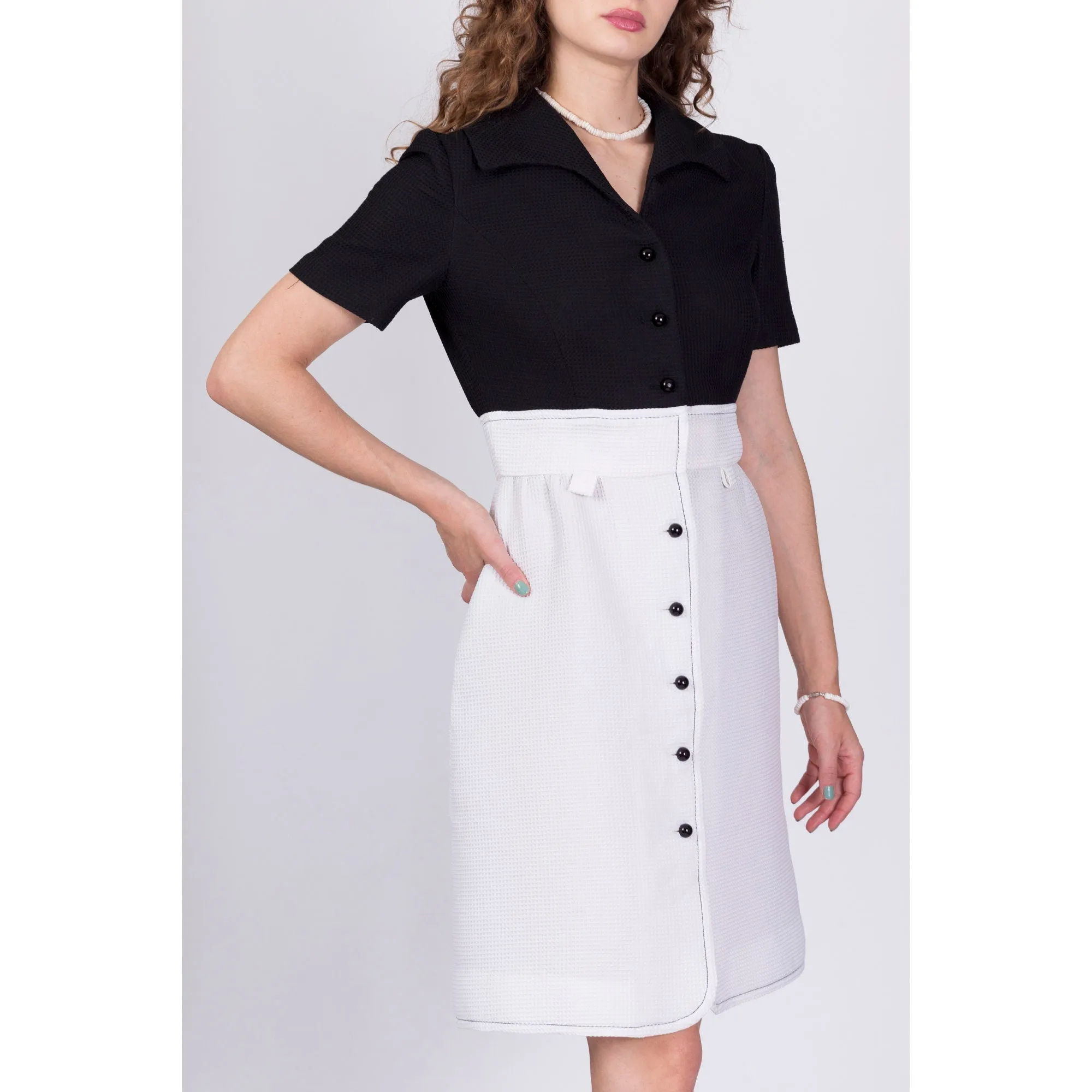70s Fred Rothschild Black & White Waffle Textured Dress - Medium