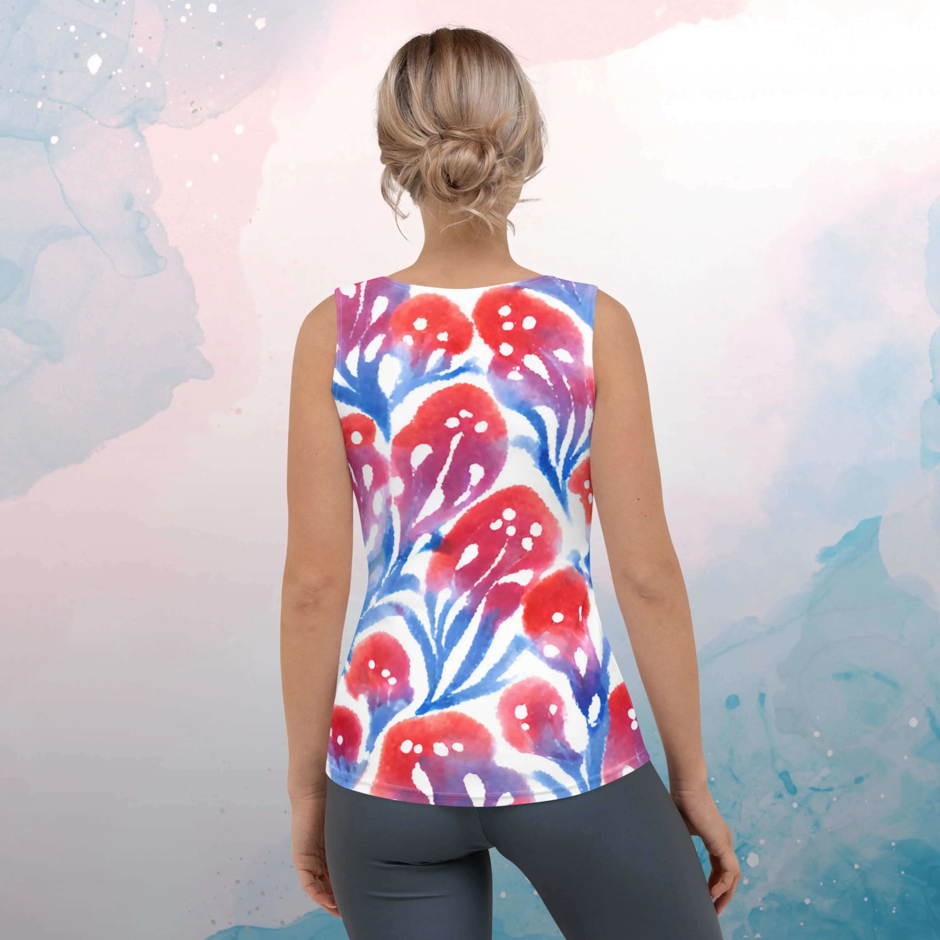 AI Generated Red and Blue Abstract Floral Pattern Tank Top for Women