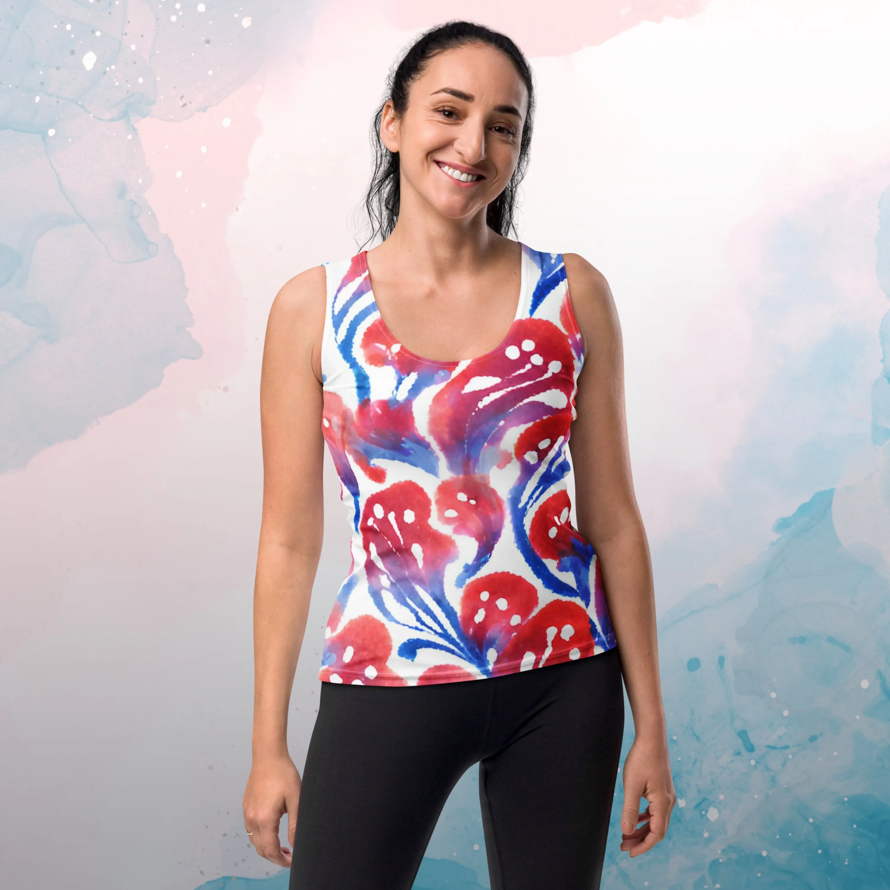 AI Generated Red and Blue Abstract Floral Pattern Tank Top for Women