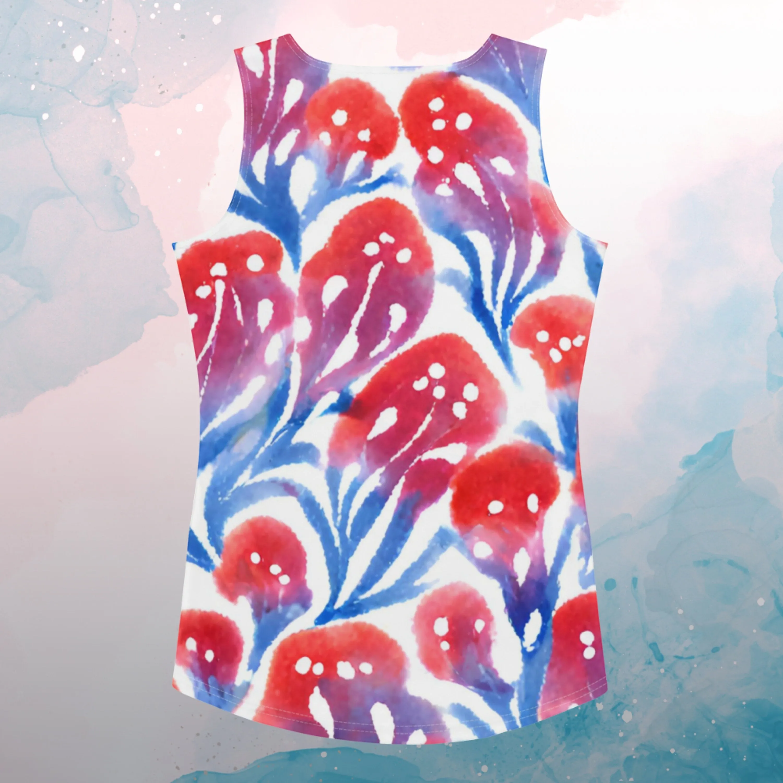 AI Generated Red and Blue Abstract Floral Pattern Tank Top for Women