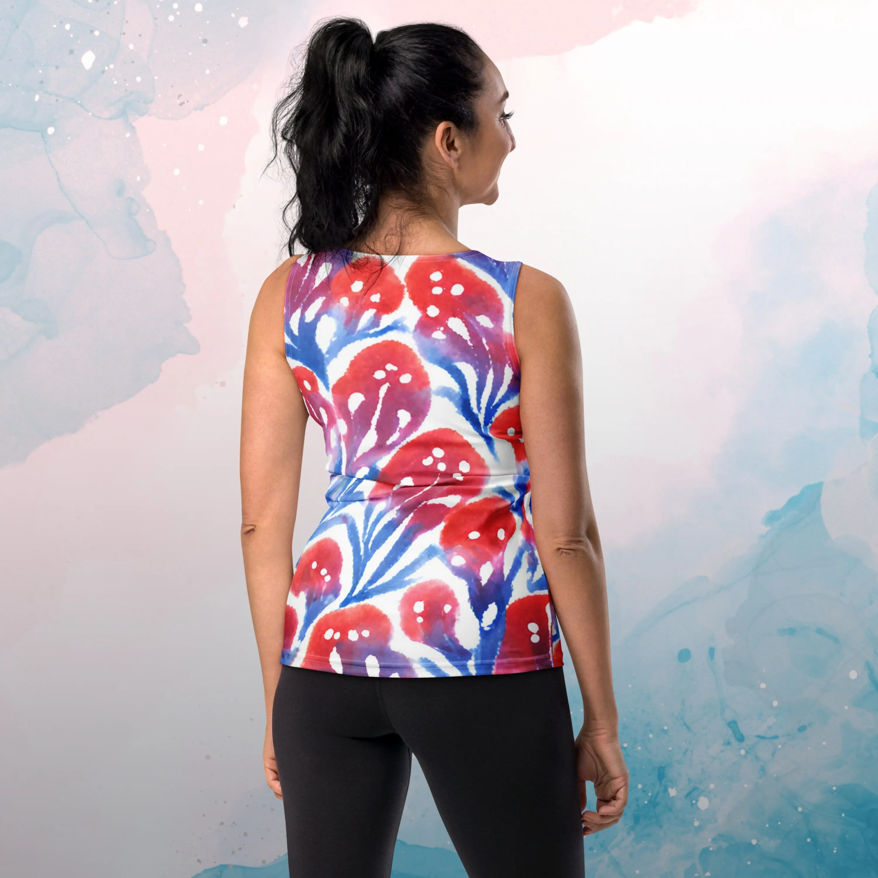AI Generated Red and Blue Abstract Floral Pattern Tank Top for Women