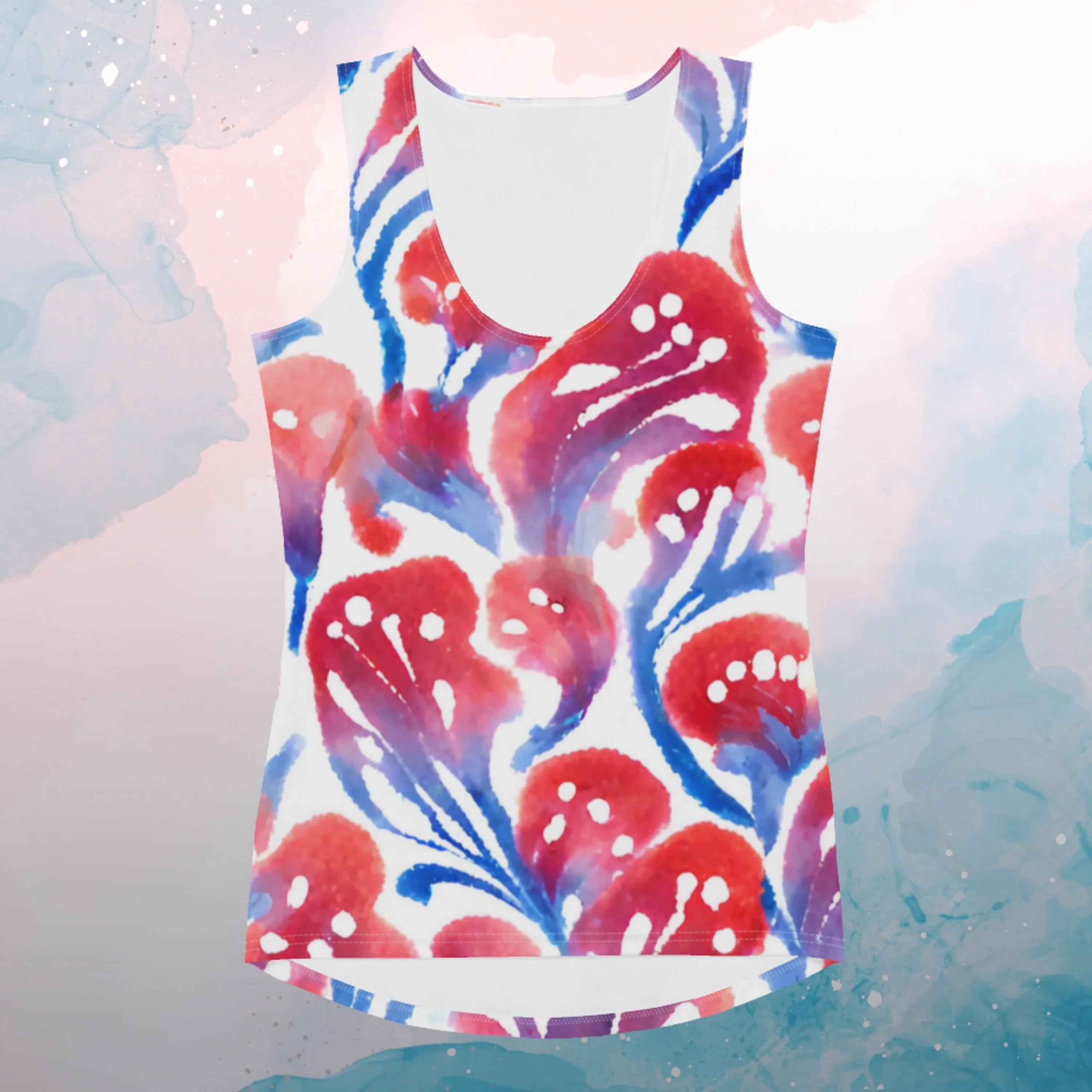 AI Generated Red and Blue Abstract Floral Pattern Tank Top for Women