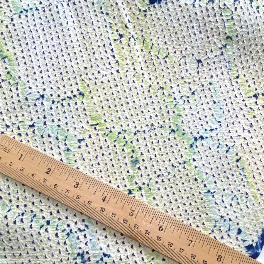 All-Shibori Vintage Kimono Silk Piece, Lime/Off-White/Indigo, from Japan, 14" x 38"  Item #239