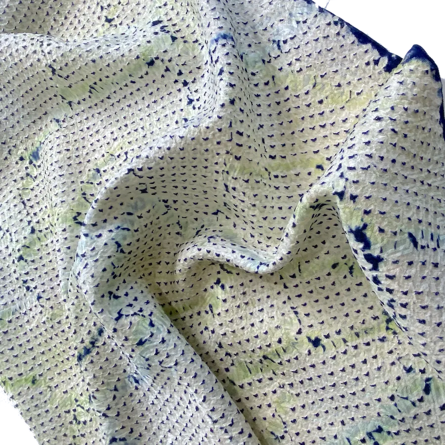 All-Shibori Vintage Kimono Silk Piece, Lime/Off-White/Indigo, from Japan, 14" x 66"  Item #239