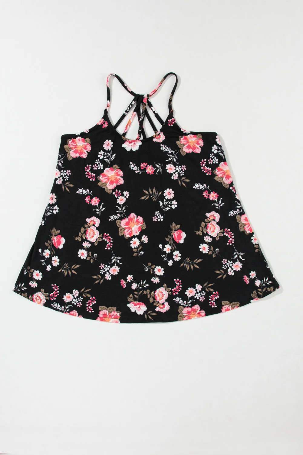 Beige Floral Spaghetti Straps Strappy Back Tank Top