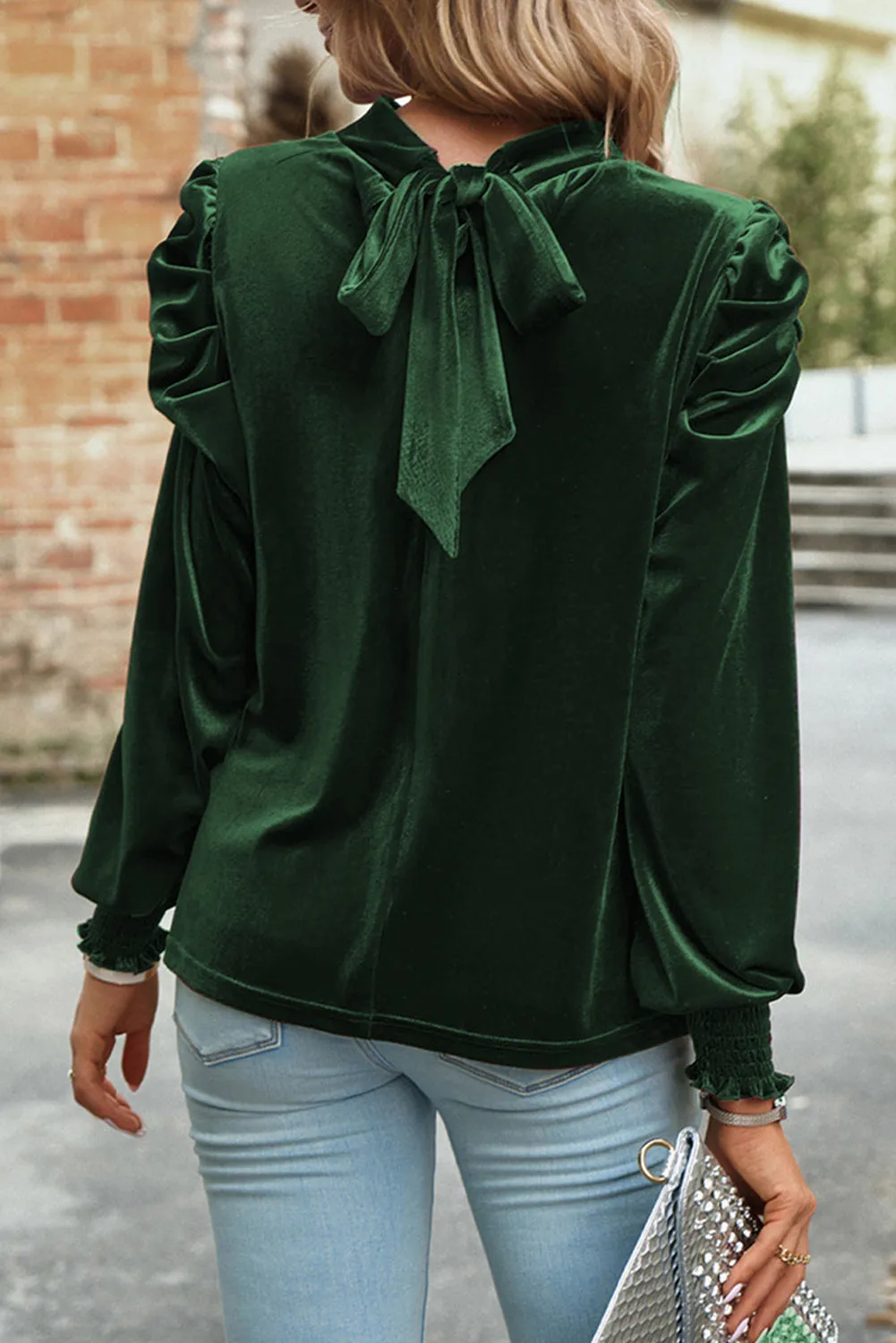 BerryBetty - Blackish Green Mock Neck Puff Sleeve Velvet Blouse