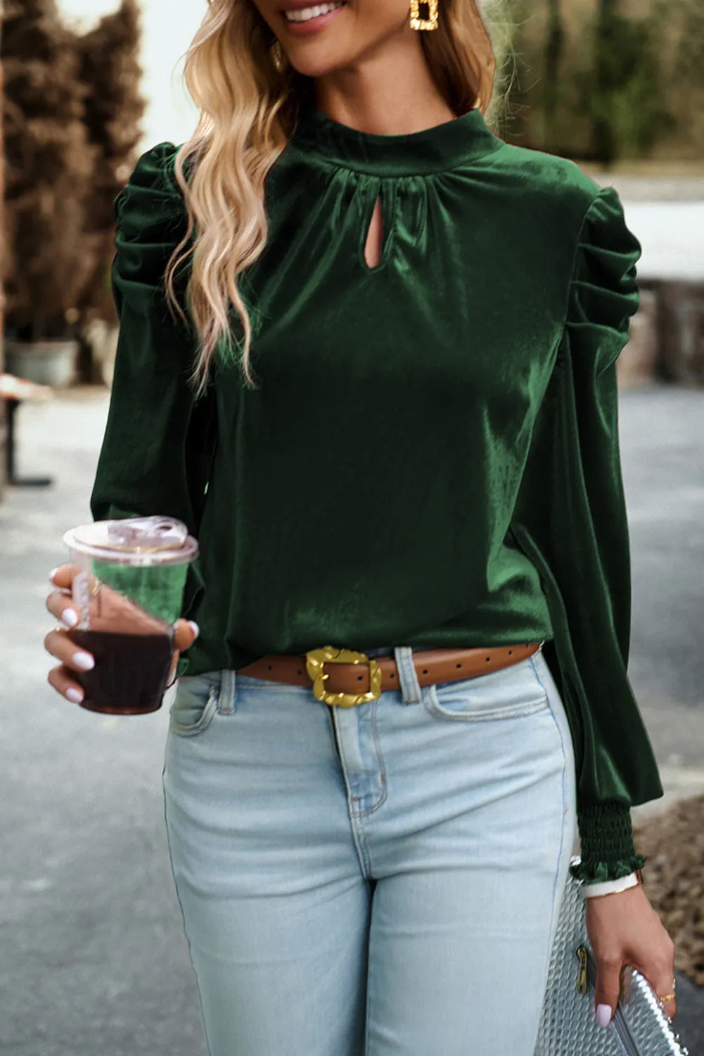 BerryBetty - Blackish Green Mock Neck Puff Sleeve Velvet Blouse