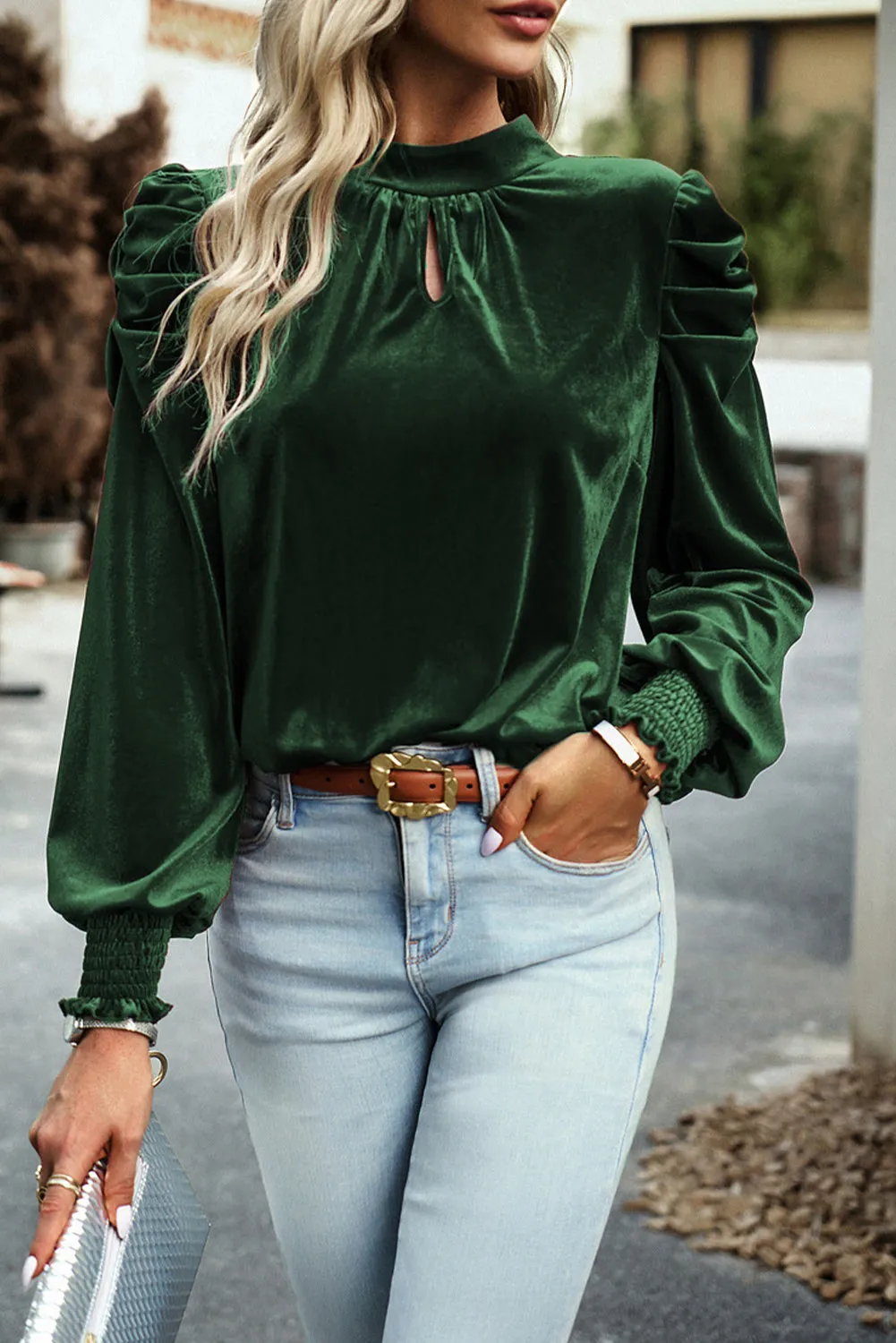 BerryBetty - Blackish Green Mock Neck Puff Sleeve Velvet Blouse