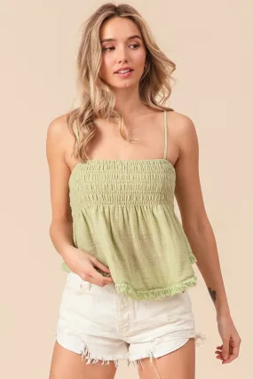 BiBi Fringed Hem Smocked Cami in Sage