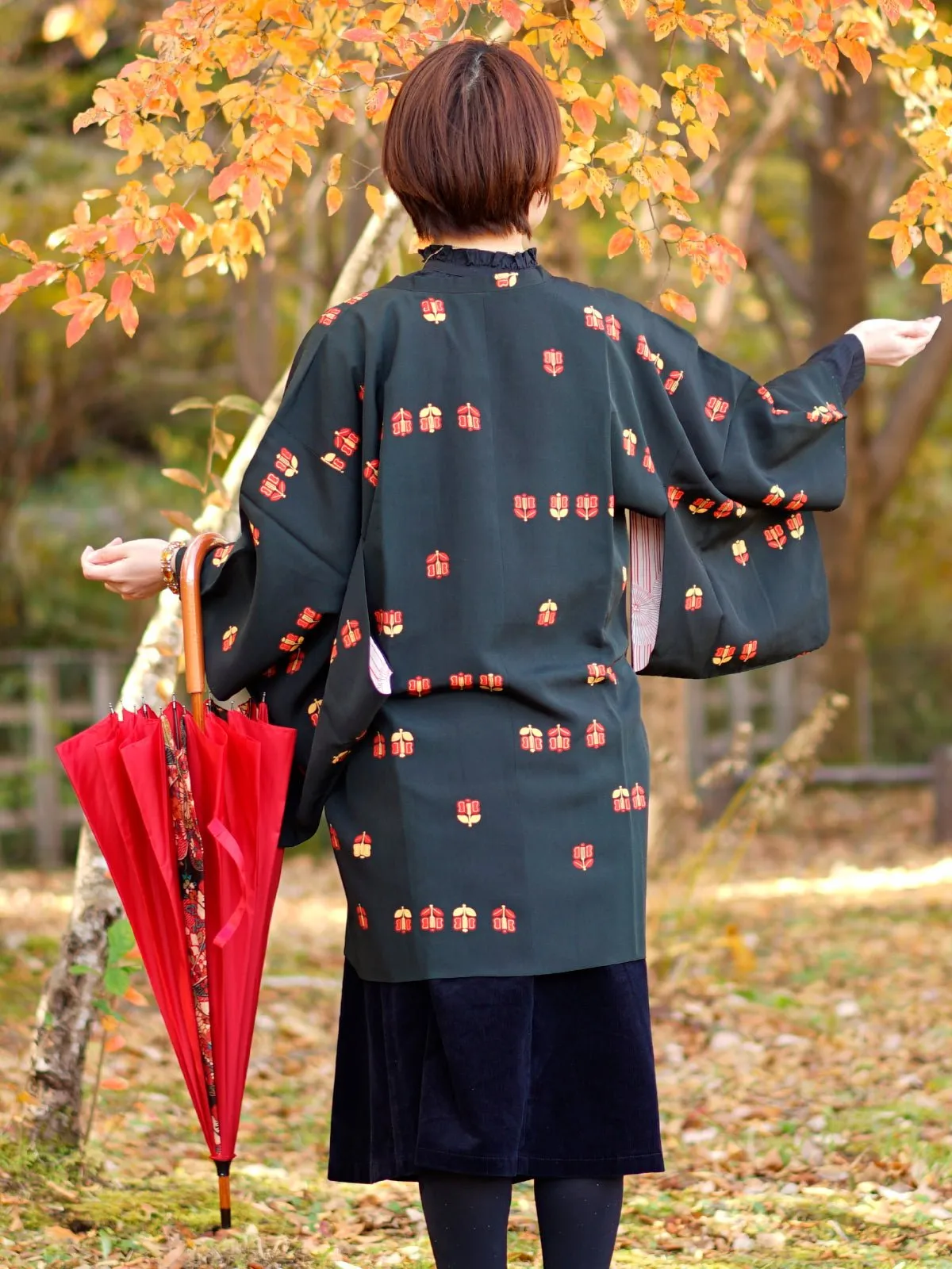 Black michiyuki with cute red and orange pattern