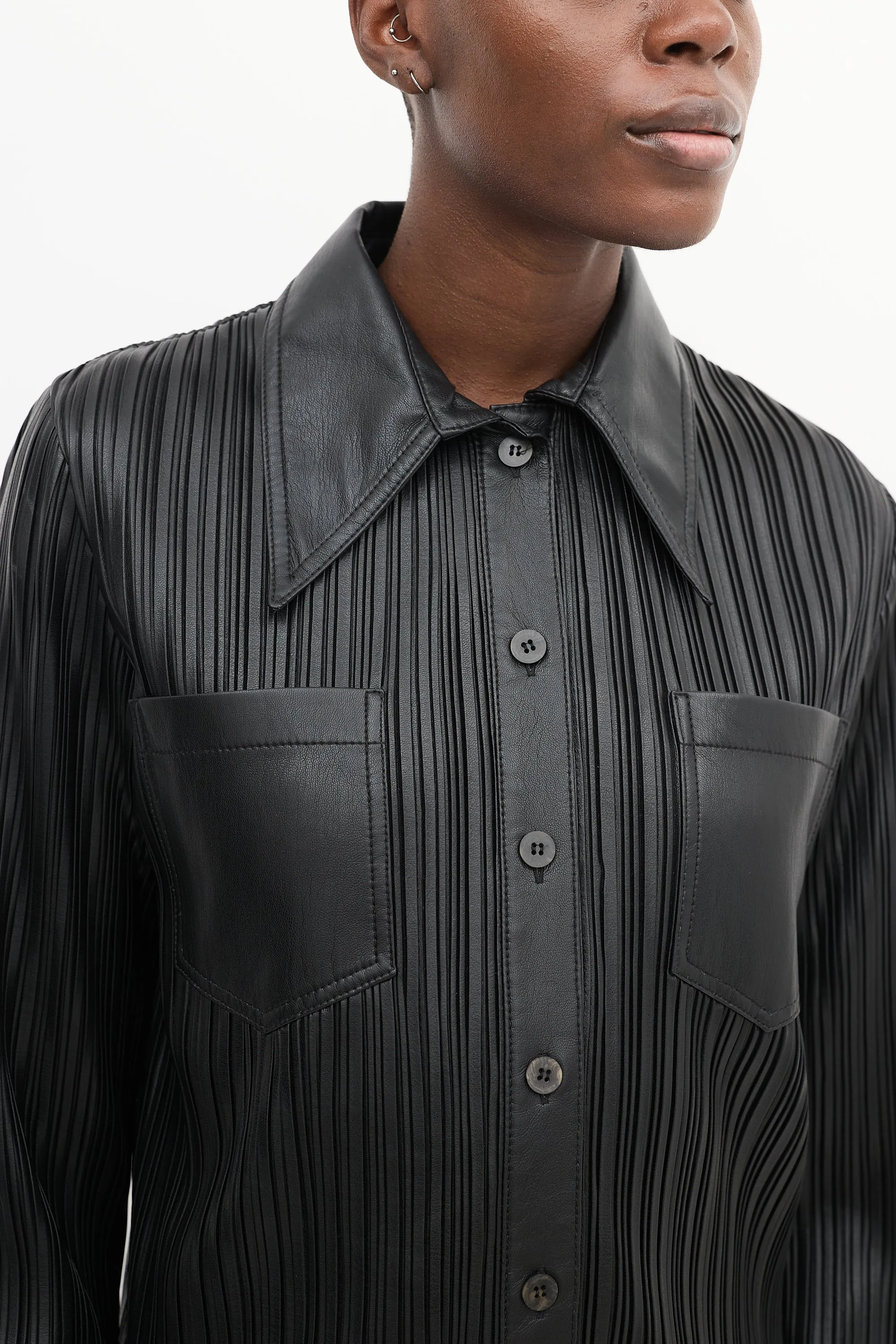 Black Vegan Leather Blaine Pleated Shirt