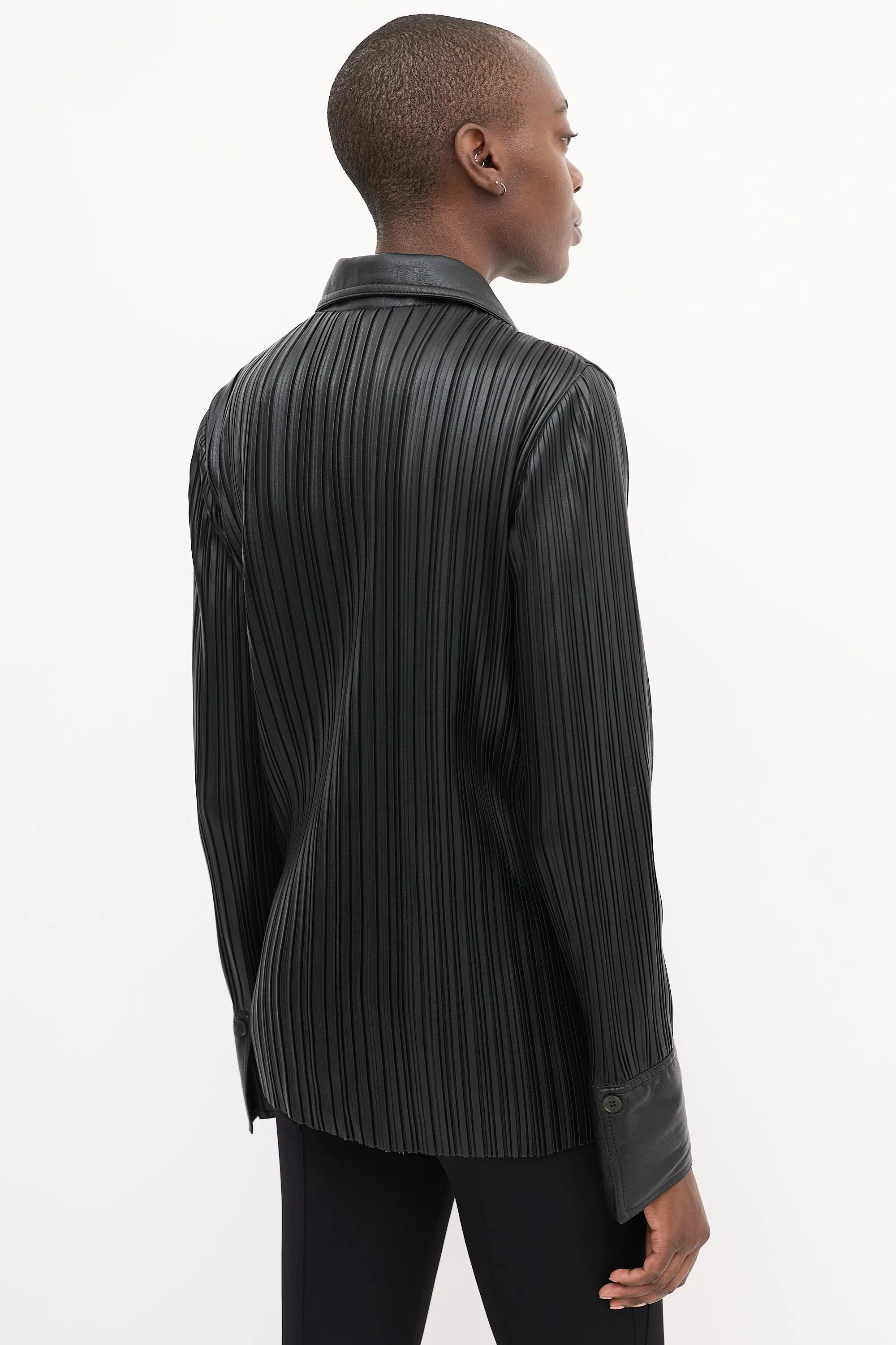 Black Vegan Leather Blaine Pleated Shirt