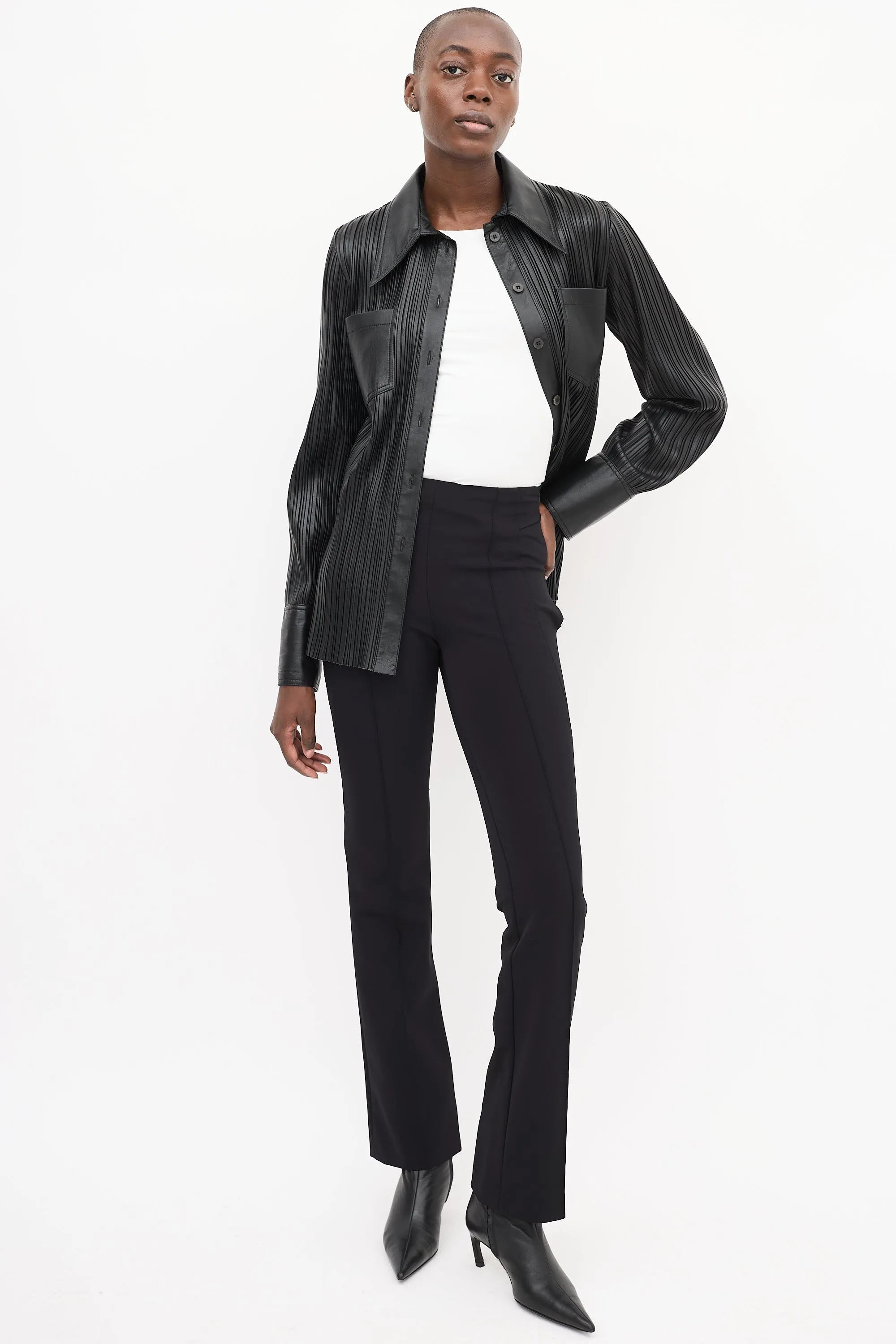 Black Vegan Leather Blaine Pleated Shirt