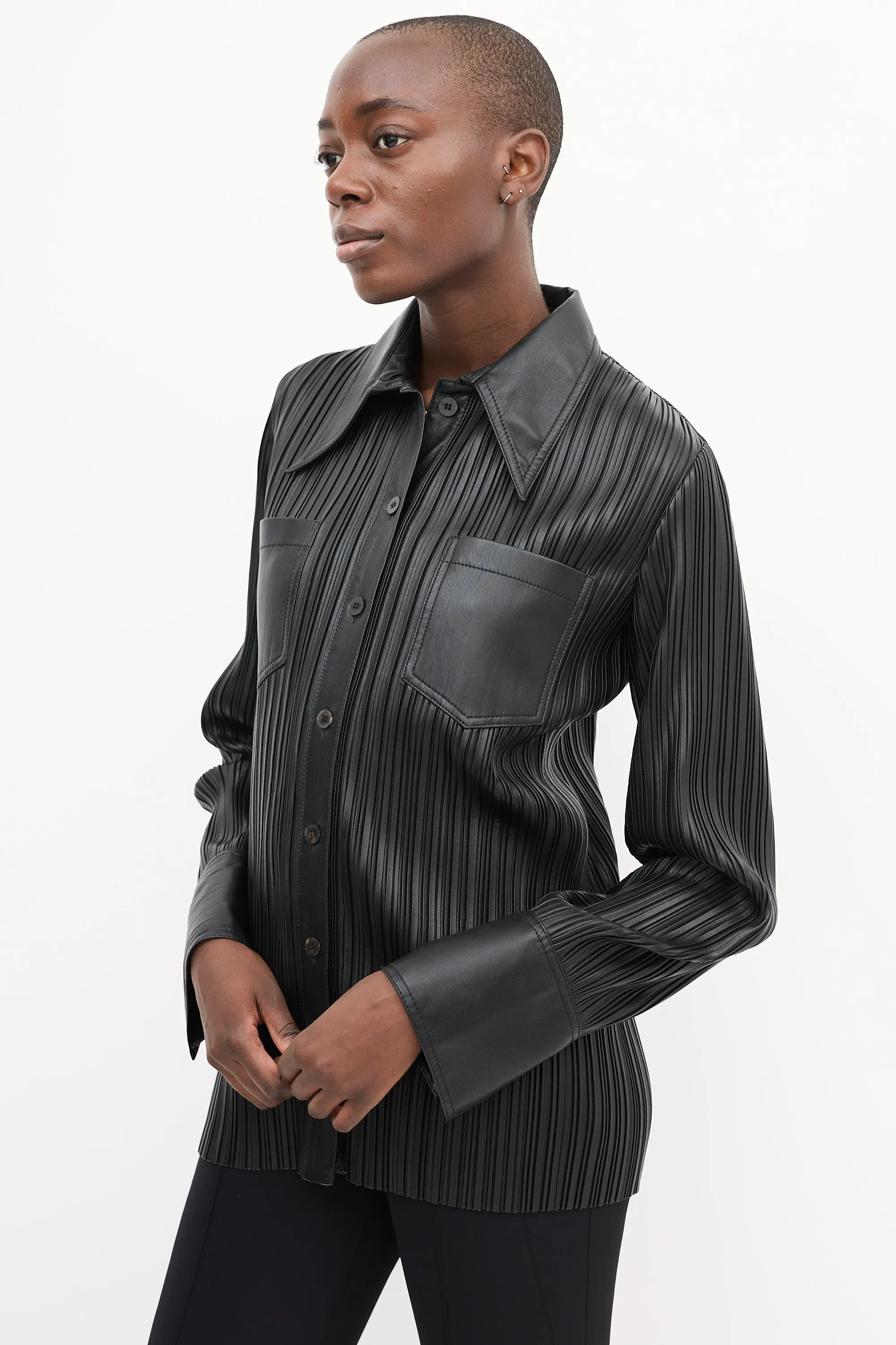 Black Vegan Leather Blaine Pleated Shirt