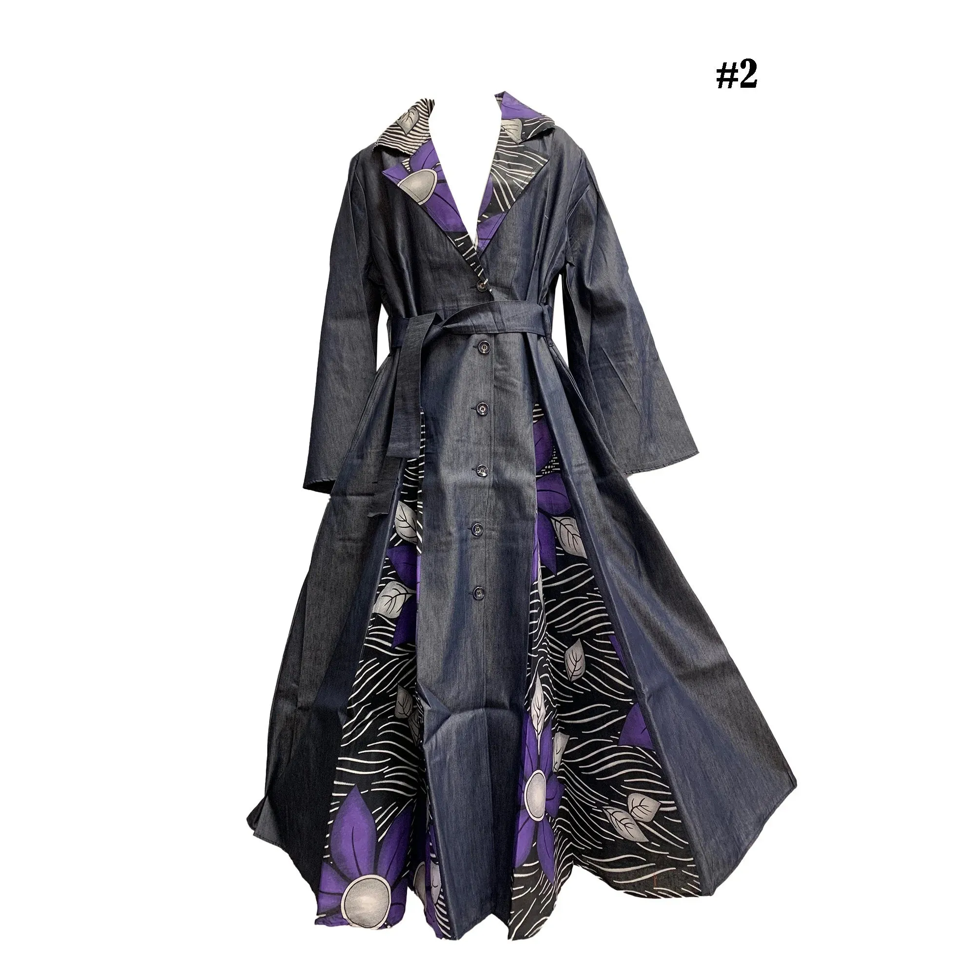 Bohemian African Dashiki Print Long Cardigan Opened Front Kimono Jacket Style Long Dress Trench Coat Buttoned Down Denim Duster Dress
