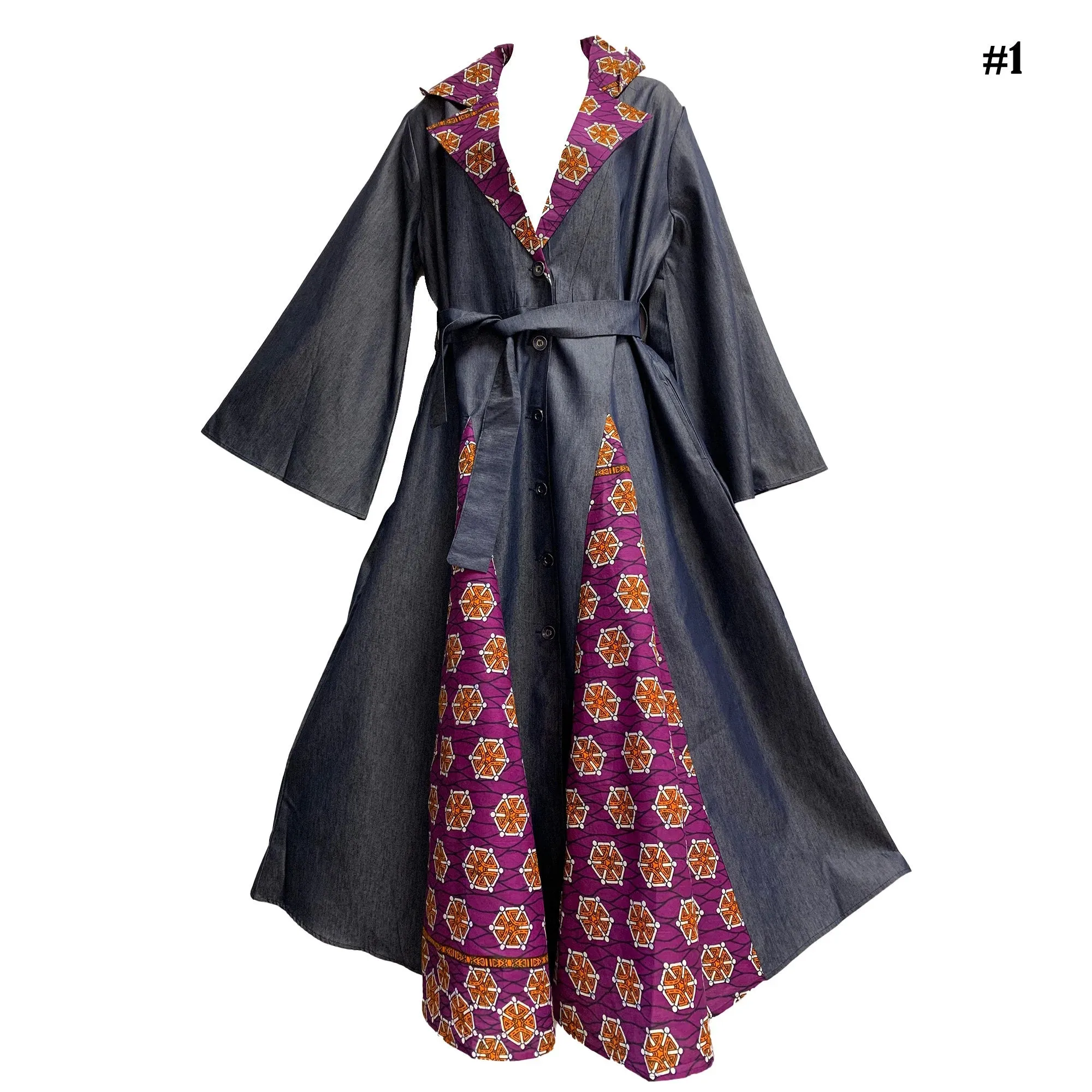 Bohemian African Dashiki Print Long Cardigan Opened Front Kimono Jacket Style Long Dress Trench Coat Buttoned Down Denim Duster Dress