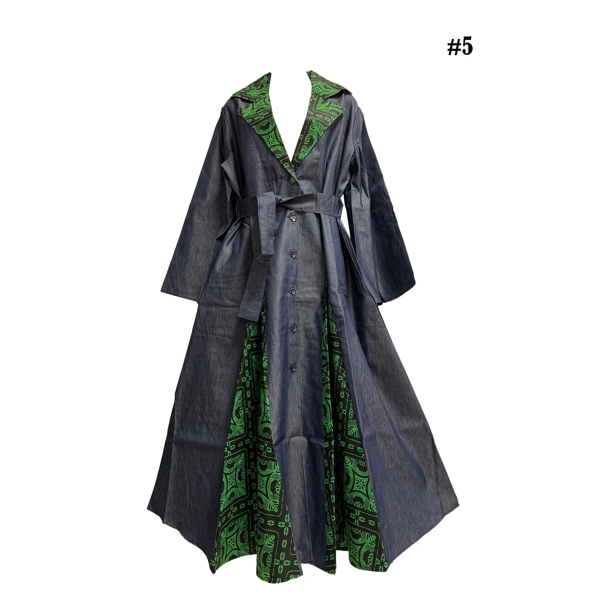 Bohemian African Dashiki Print Long Cardigan Opened Front Kimono Jacket Style Long Dress Trench Coat Buttoned Down Denim Duster Dress