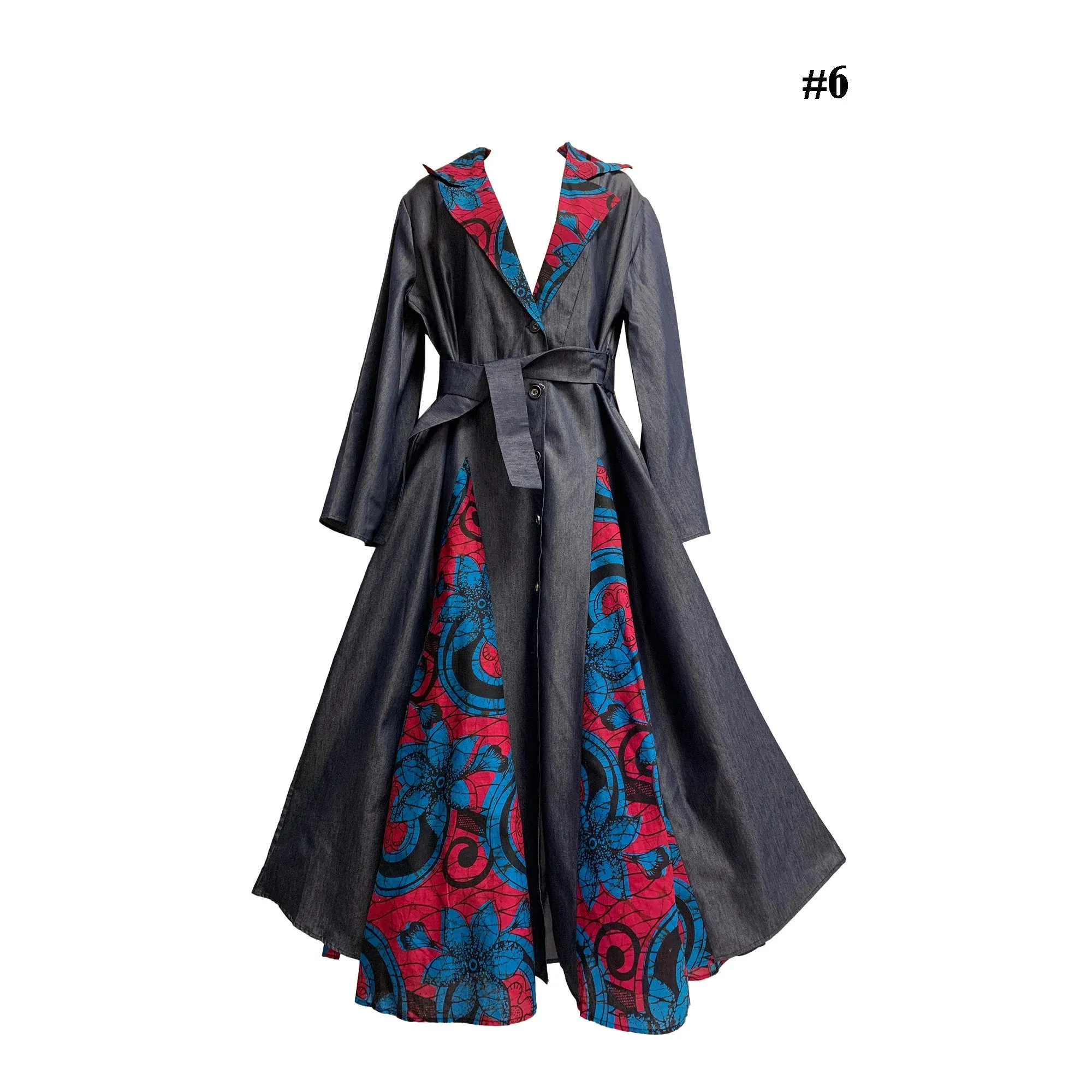 Bohemian African Dashiki Print Long Cardigan Opened Front Kimono Jacket Style Long Dress Trench Coat Buttoned Down Denim Duster Dress