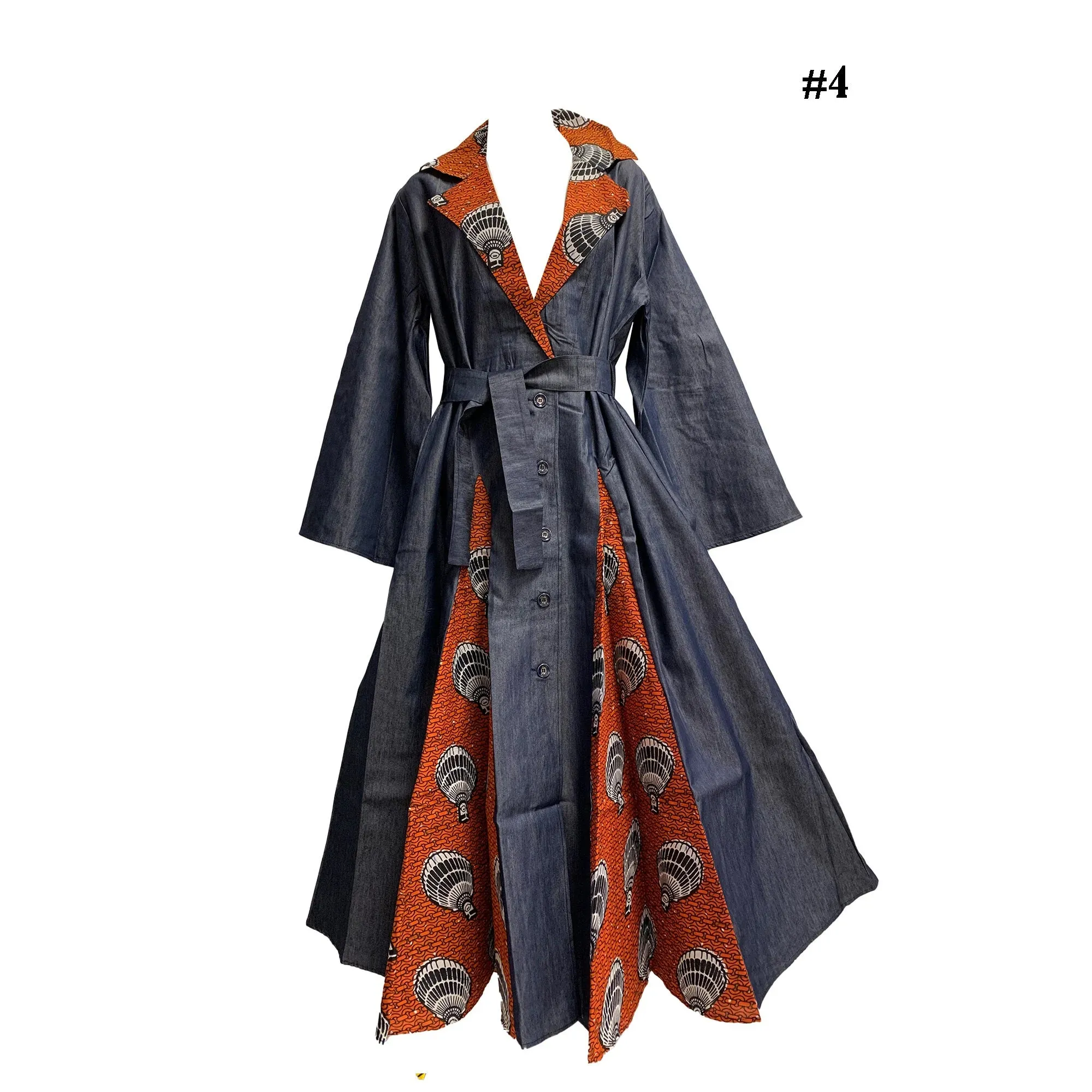 Bohemian African Dashiki Print Long Cardigan Opened Front Kimono Jacket Style Long Dress Trench Coat Buttoned Down Denim Duster Dress
