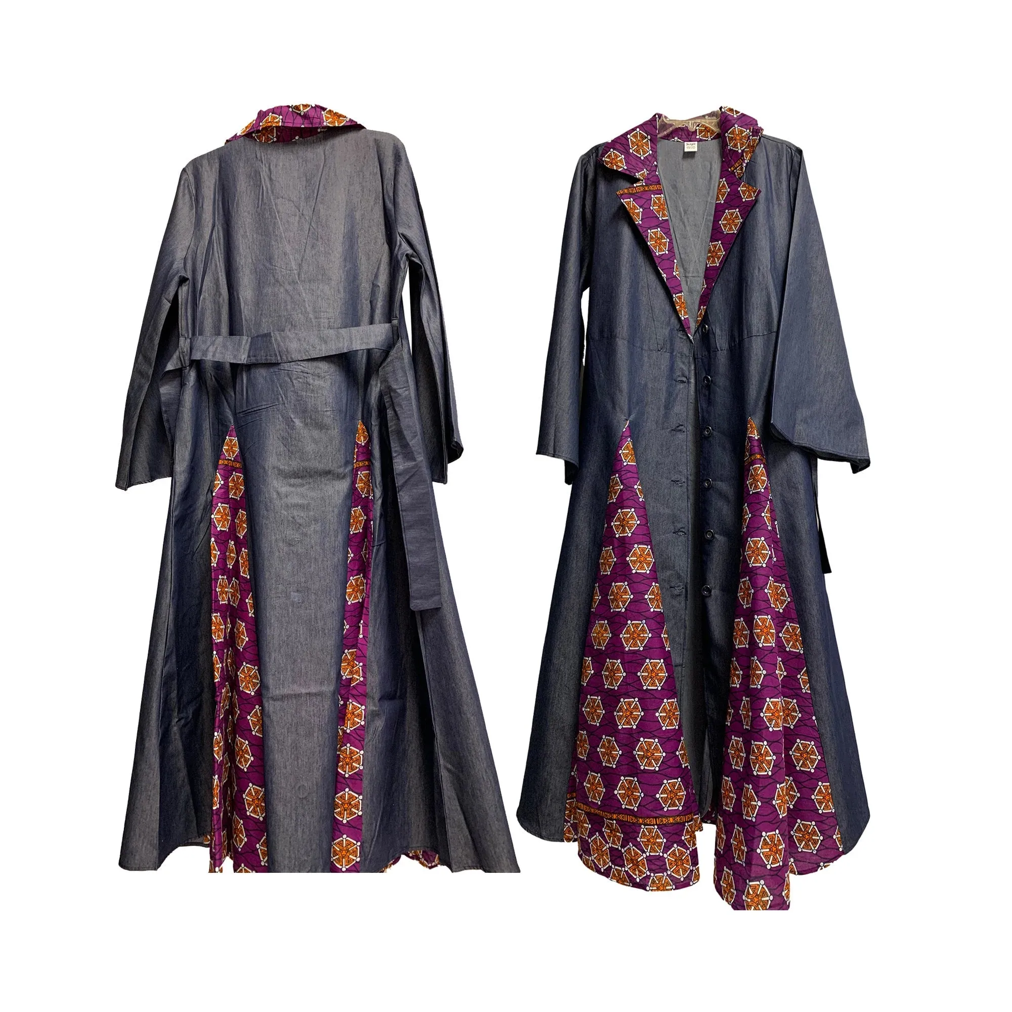 Bohemian African Dashiki Print Long Cardigan Opened Front Kimono Jacket Style Long Dress Trench Coat Buttoned Down Denim Duster Dress