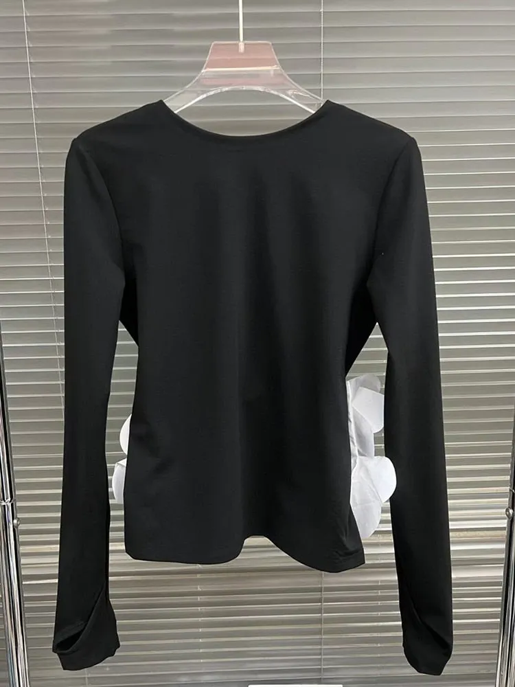 Colorblock Casual Backless T Shirts For Women Round Neck Long Sleeve Patchwork Petal Elegant T Shirt Female