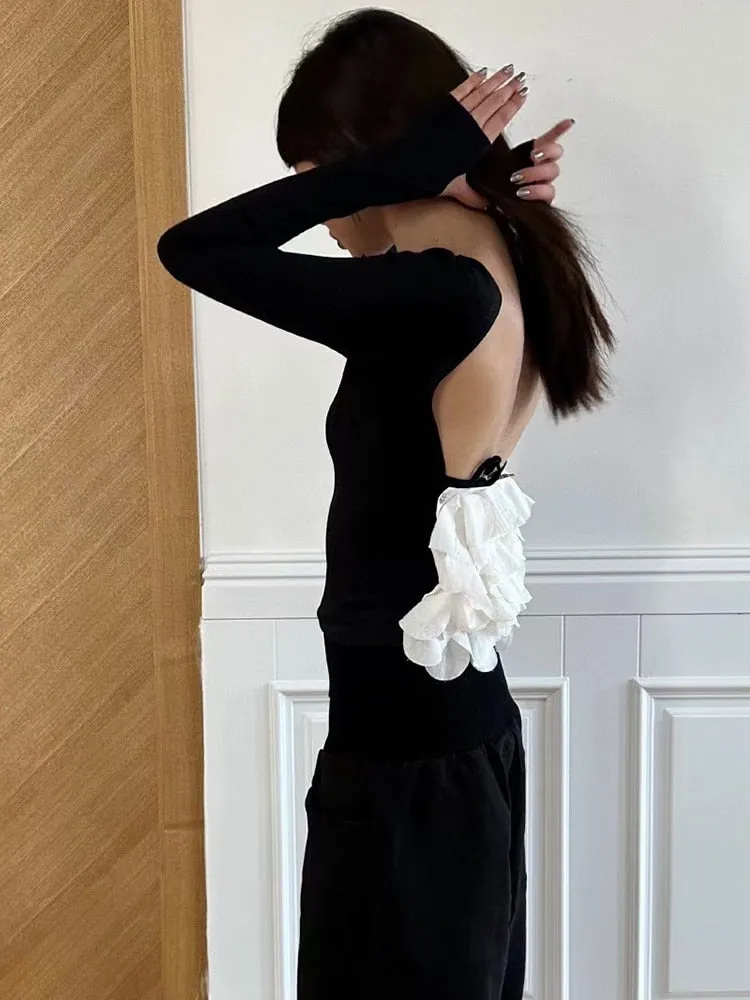 Colorblock Casual Backless T Shirts For Women Round Neck Long Sleeve Patchwork Petal Elegant T Shirt Female
