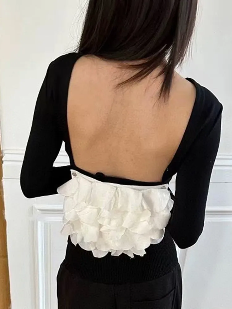 Colorblock Casual Backless T Shirts For Women Round Neck Long Sleeve Patchwork Petal Elegant T Shirt Female