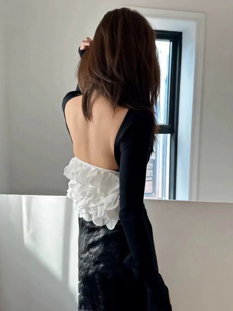 Colorblock Casual Backless T Shirts For Women Round Neck Long Sleeve Patchwork Petal Elegant T Shirt Female