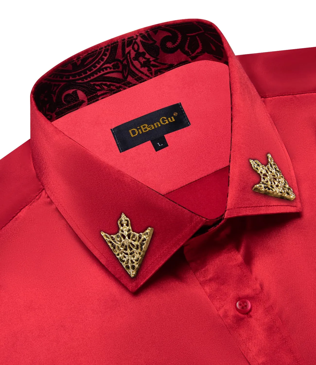 DiBanGu Collar Shirt Radical Red Satin Solid Button Down Shirt for Mens Formal