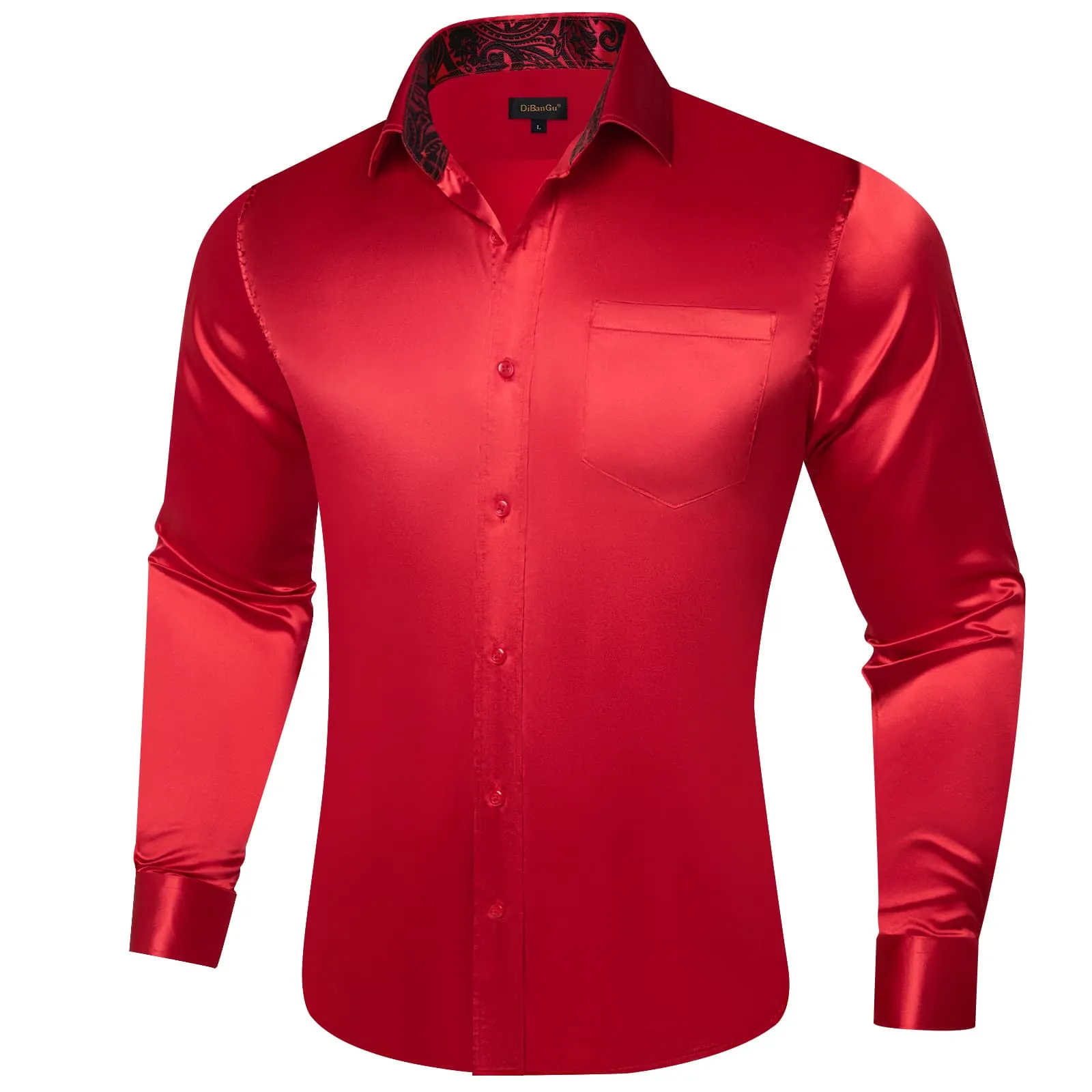 DiBanGu Collar Shirt Radical Red Satin Solid Button Down Shirt for Mens Formal