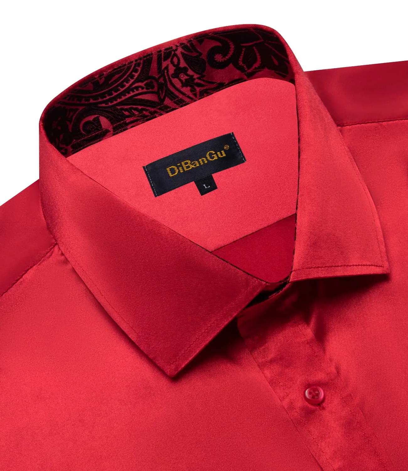 DiBanGu Collar Shirt Radical Red Satin Solid Button Down Shirt for Mens Formal