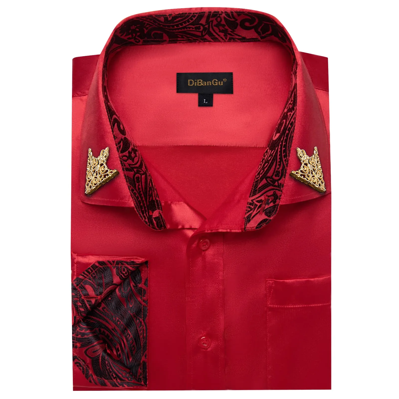 DiBanGu Collar Shirt Radical Red Satin Solid Button Down Shirt for Mens Formal