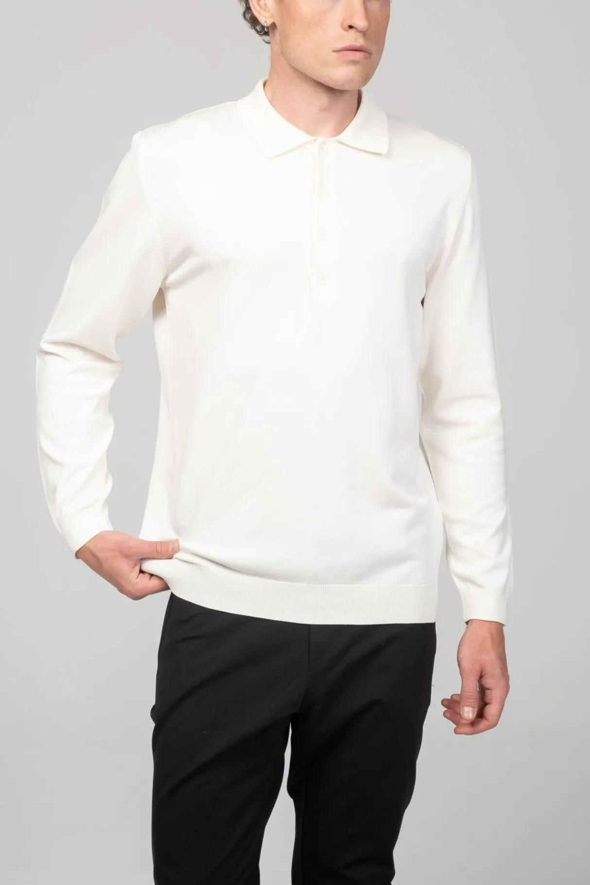 Four Button Down Polo Sweater  - Ecru