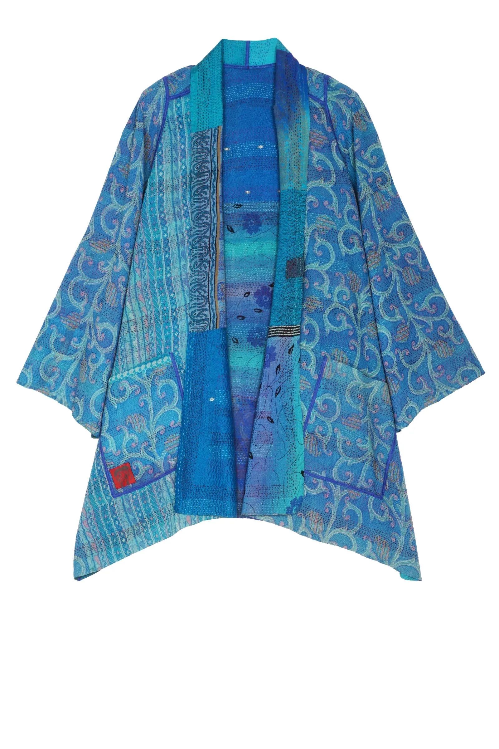 GEORGETTE VINTAGE SILK PATCH KANTHA A-LINE JKT - gs2003-tuq -