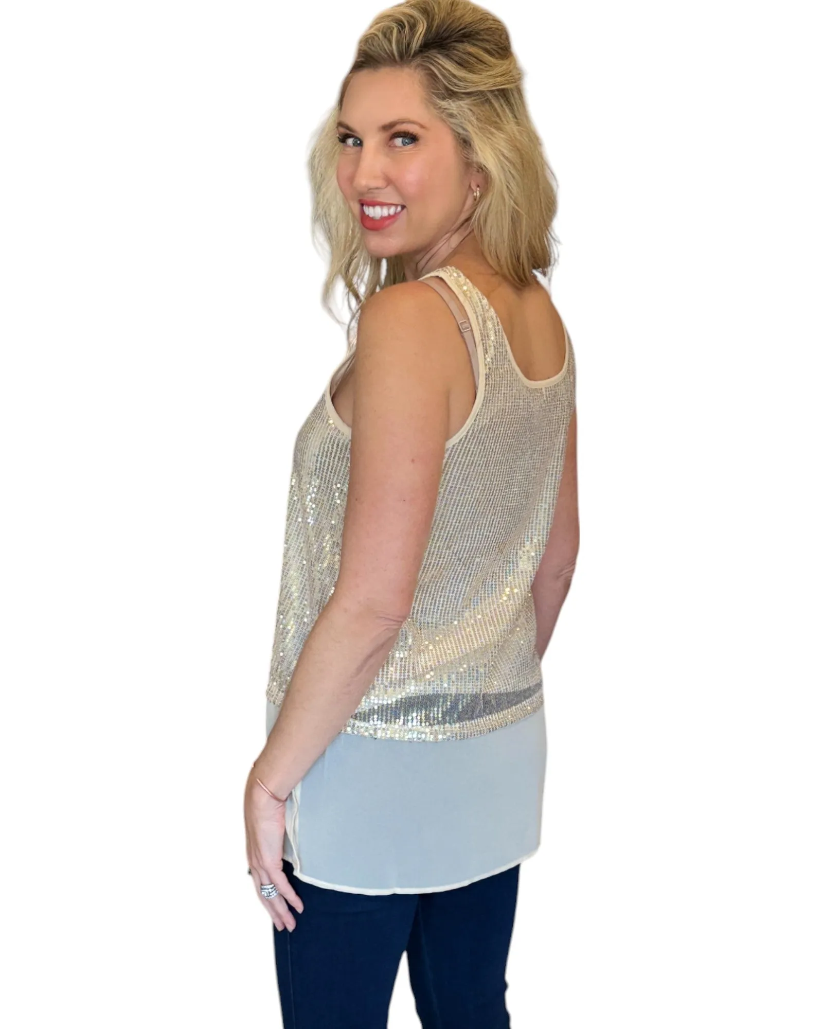 Gold Dust Sequin and Chiffon Sleeveless Top