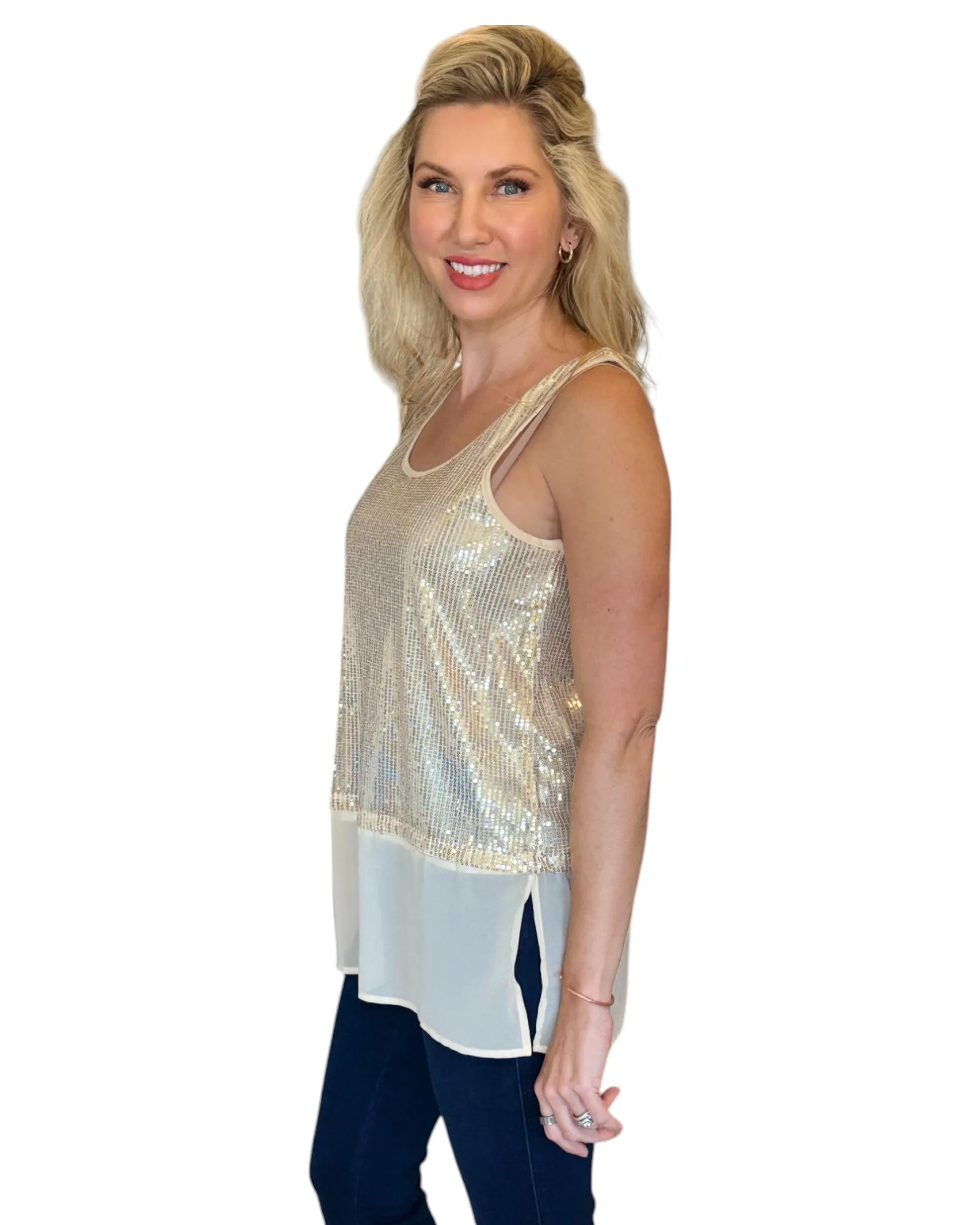 Gold Dust Sequin and Chiffon Sleeveless Top