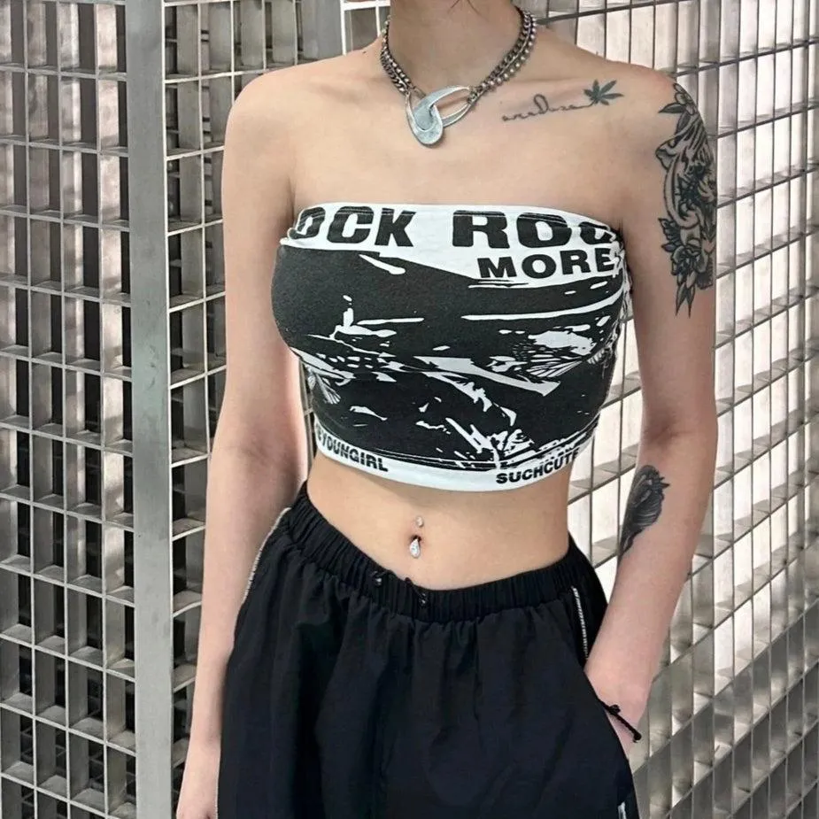 Graphic Print Strapless Bandeau Top