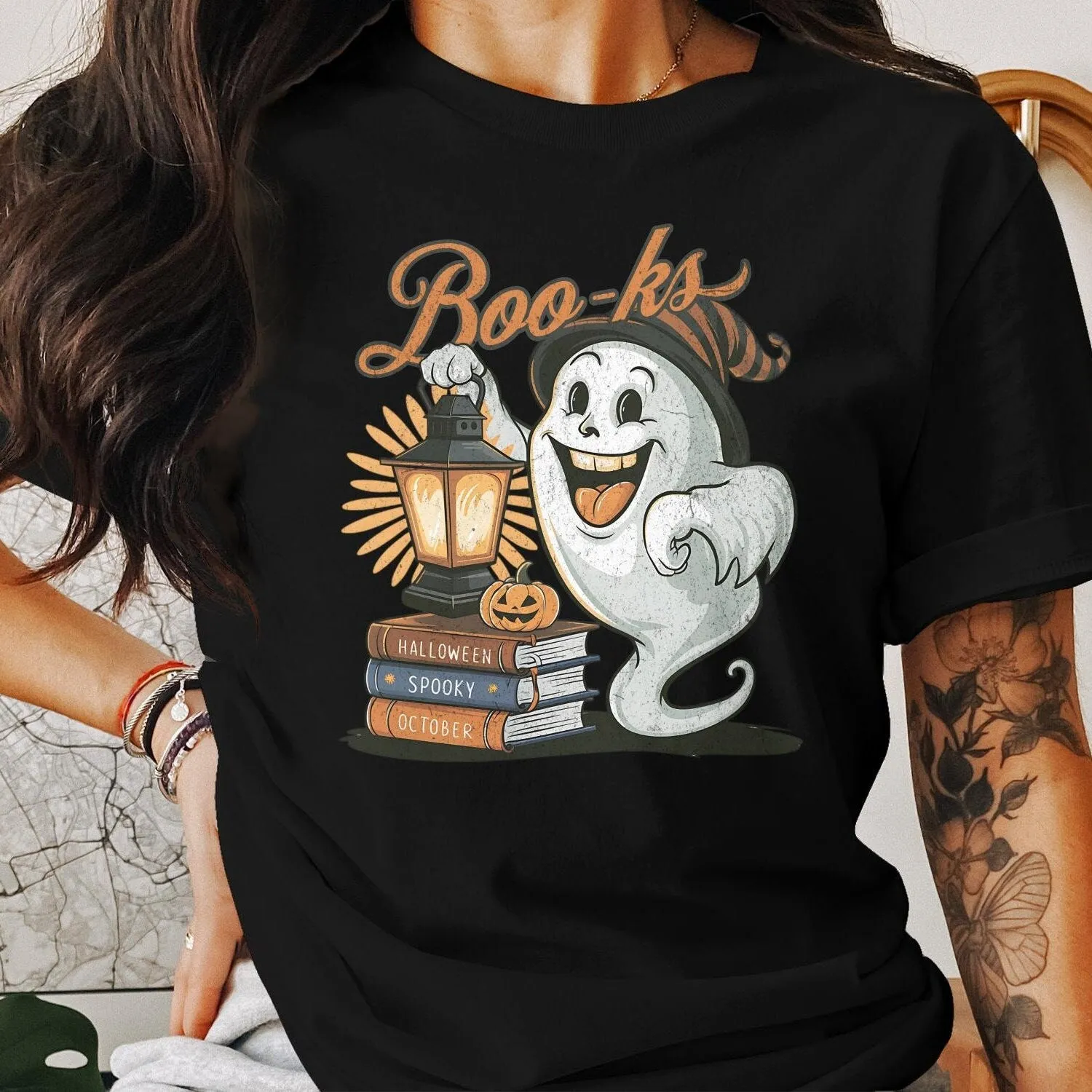 Halloween Ghost Boo-ks T-Shirt, Cute Ghost with Lantern, Spooky October Librarian Top, Teacher School Book Lover Sweatshirt