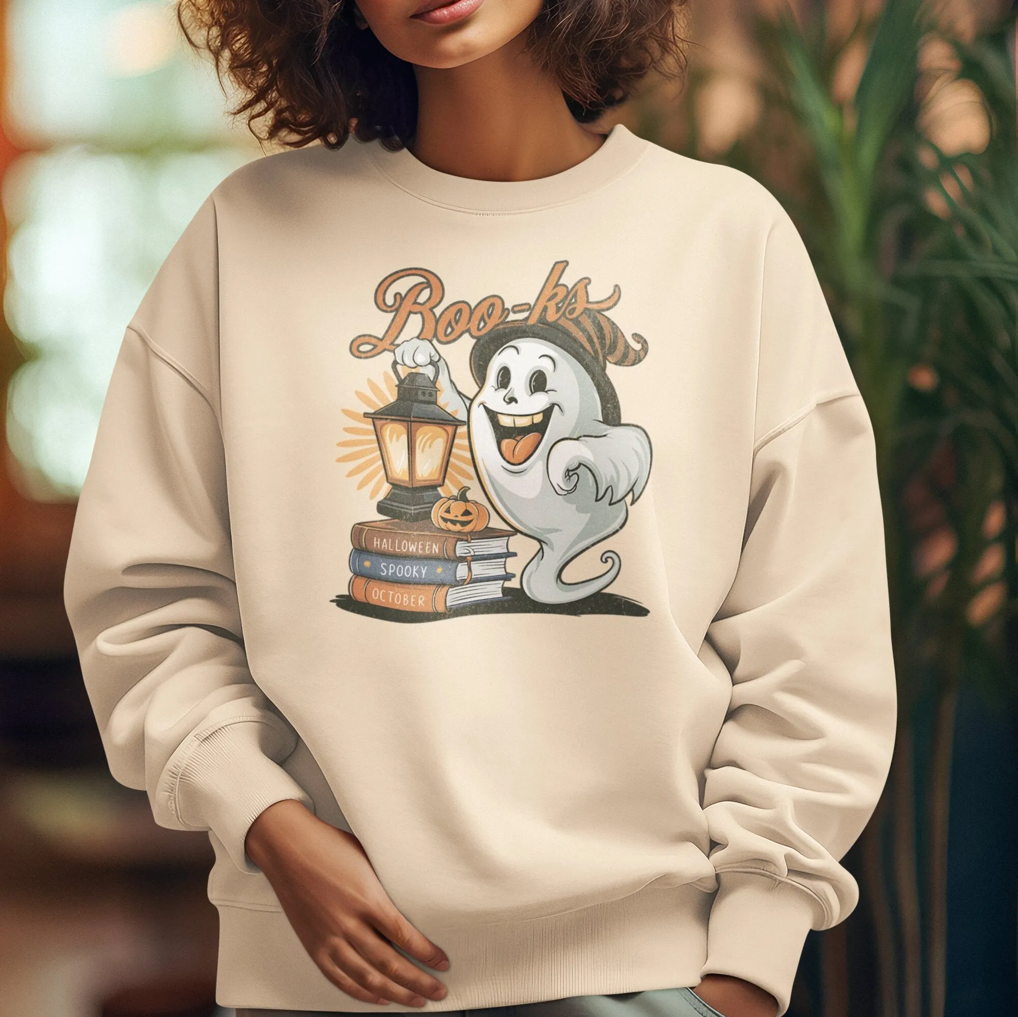 Halloween Ghost Boo-ks T-Shirt, Cute Ghost with Lantern, Spooky October Librarian Top, Teacher School Book Lover Sweatshirt