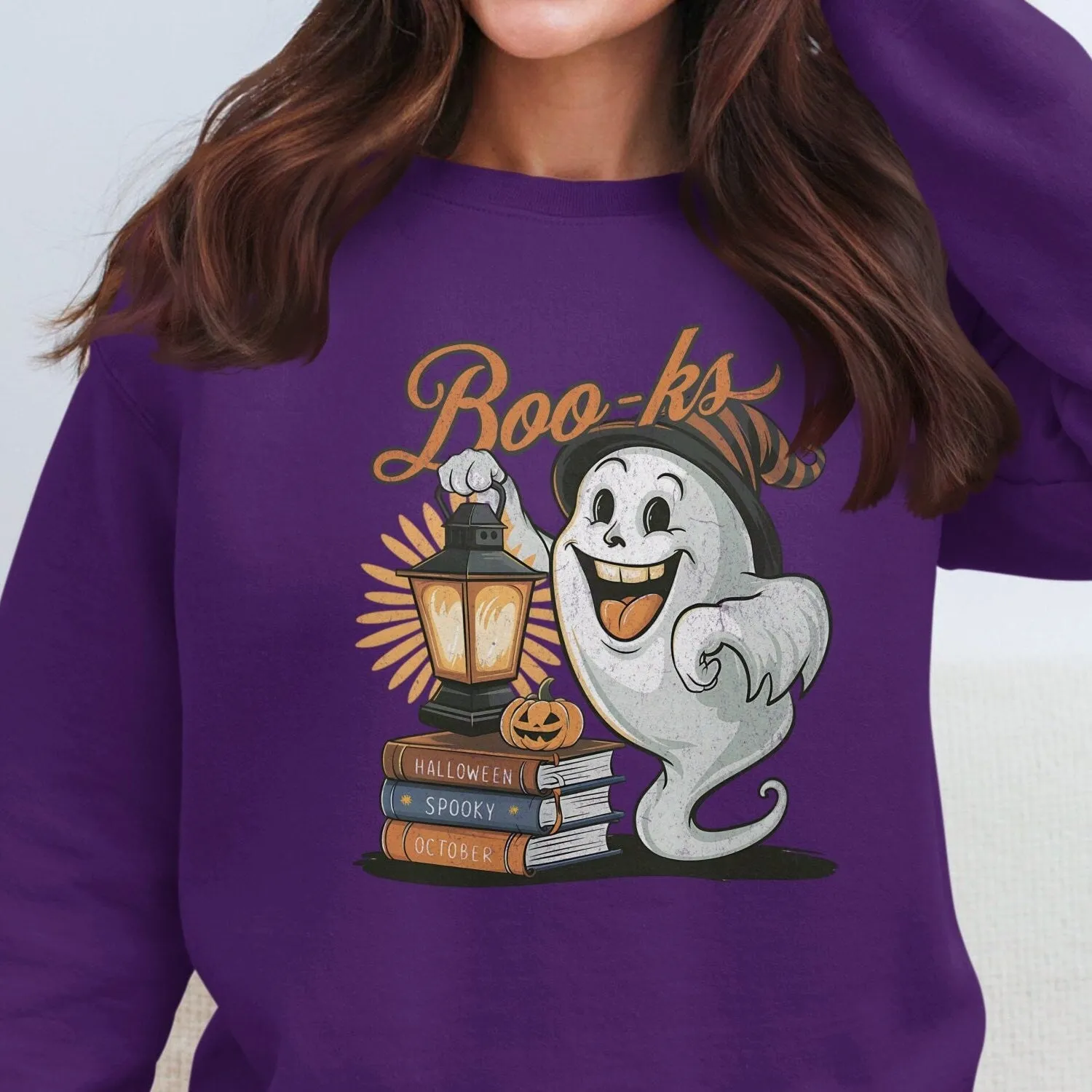 Halloween Ghost Boo-ks T-Shirt, Cute Ghost with Lantern, Spooky October Librarian Top, Teacher School Book Lover Sweatshirt