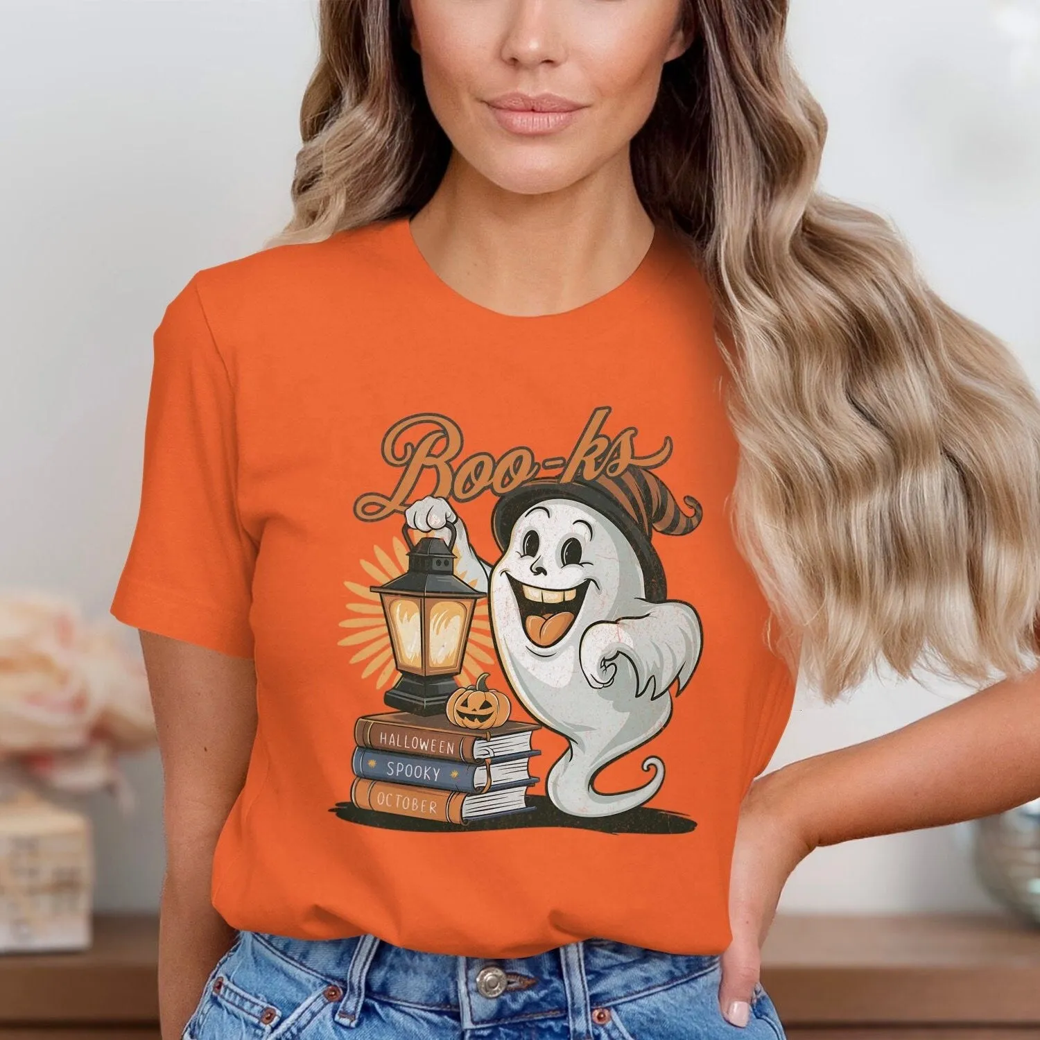 Halloween Ghost Boo-ks T-Shirt, Cute Ghost with Lantern, Spooky October Librarian Top, Teacher School Book Lover Sweatshirt