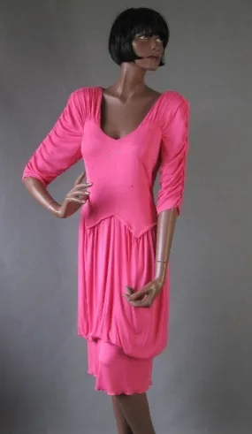 Holly's Harp Dress 70s 80s Women's Vintage Draped Ruched Pink Silk Wedding Guest VFG Medium